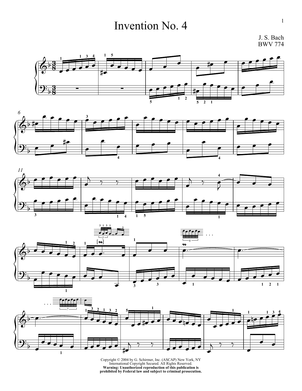 Download J.S. Bach Two-Part Invention In D Minor Sheet Music and learn how to play Piano PDF digital score in minutes