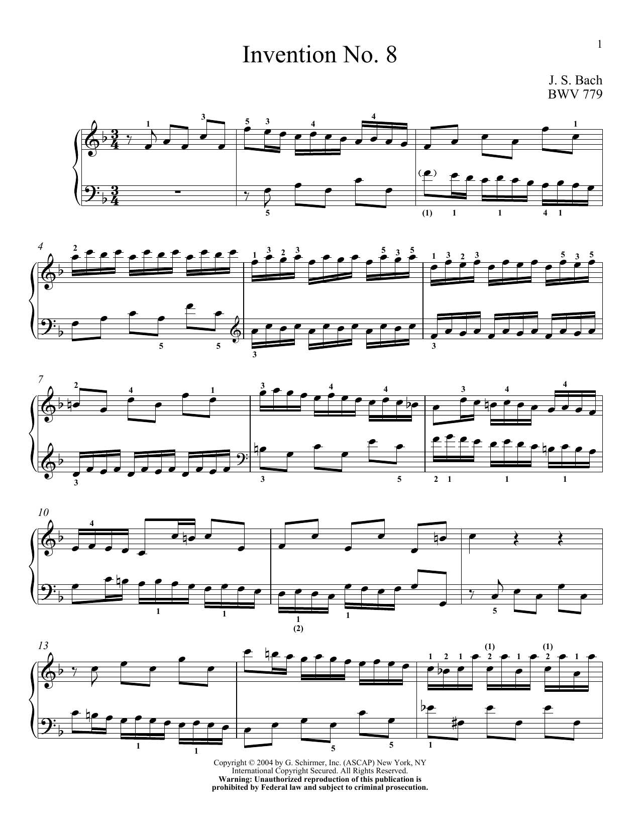 Download J.S. Bach Two-Part Invention In F Major Sheet Music and learn how to play Piano PDF digital score in minutes