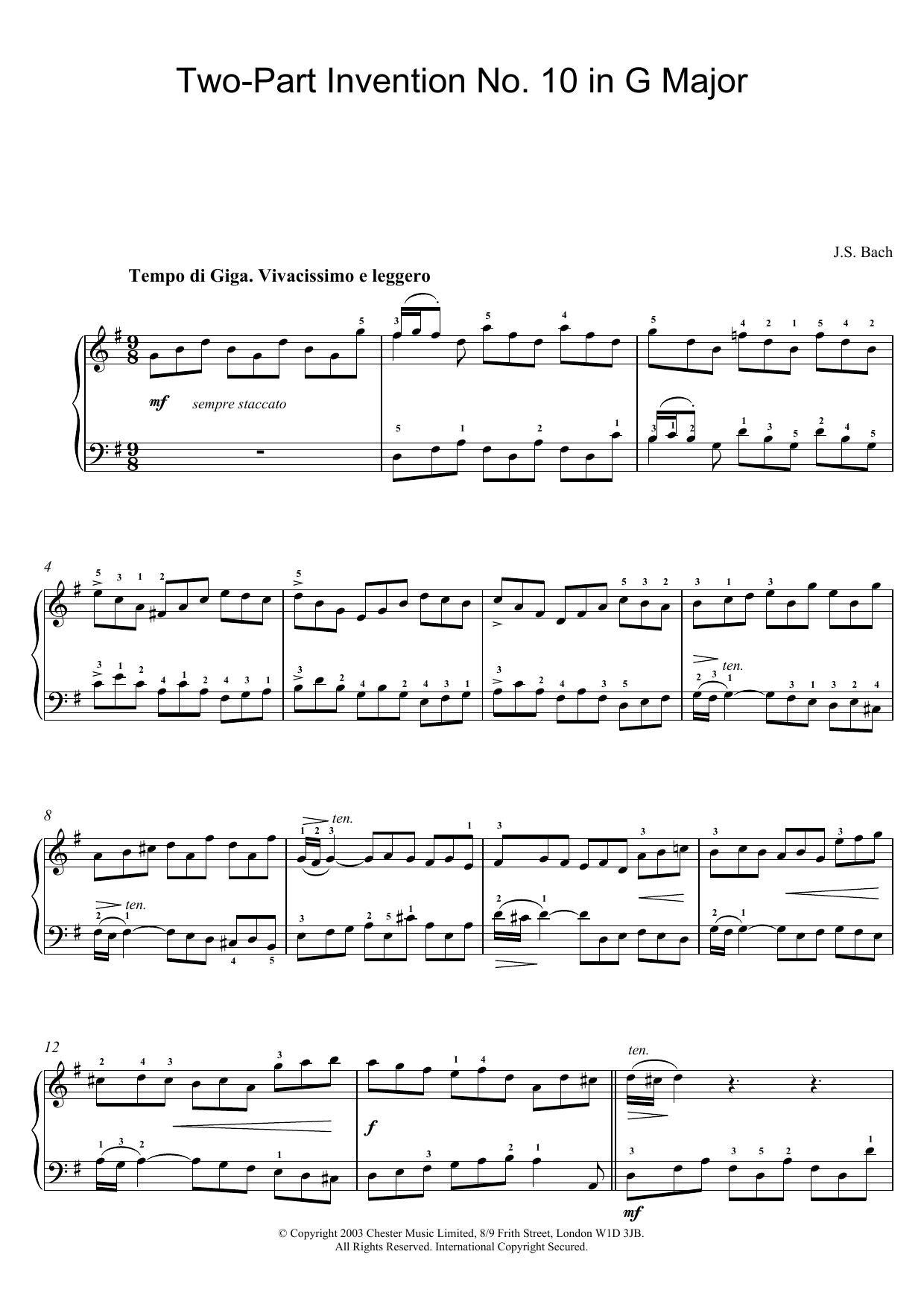 Download J.S. Bach Two-Part Invention No. 10 in G Major Sheet Music and learn how to play Piano PDF digital score in minutes