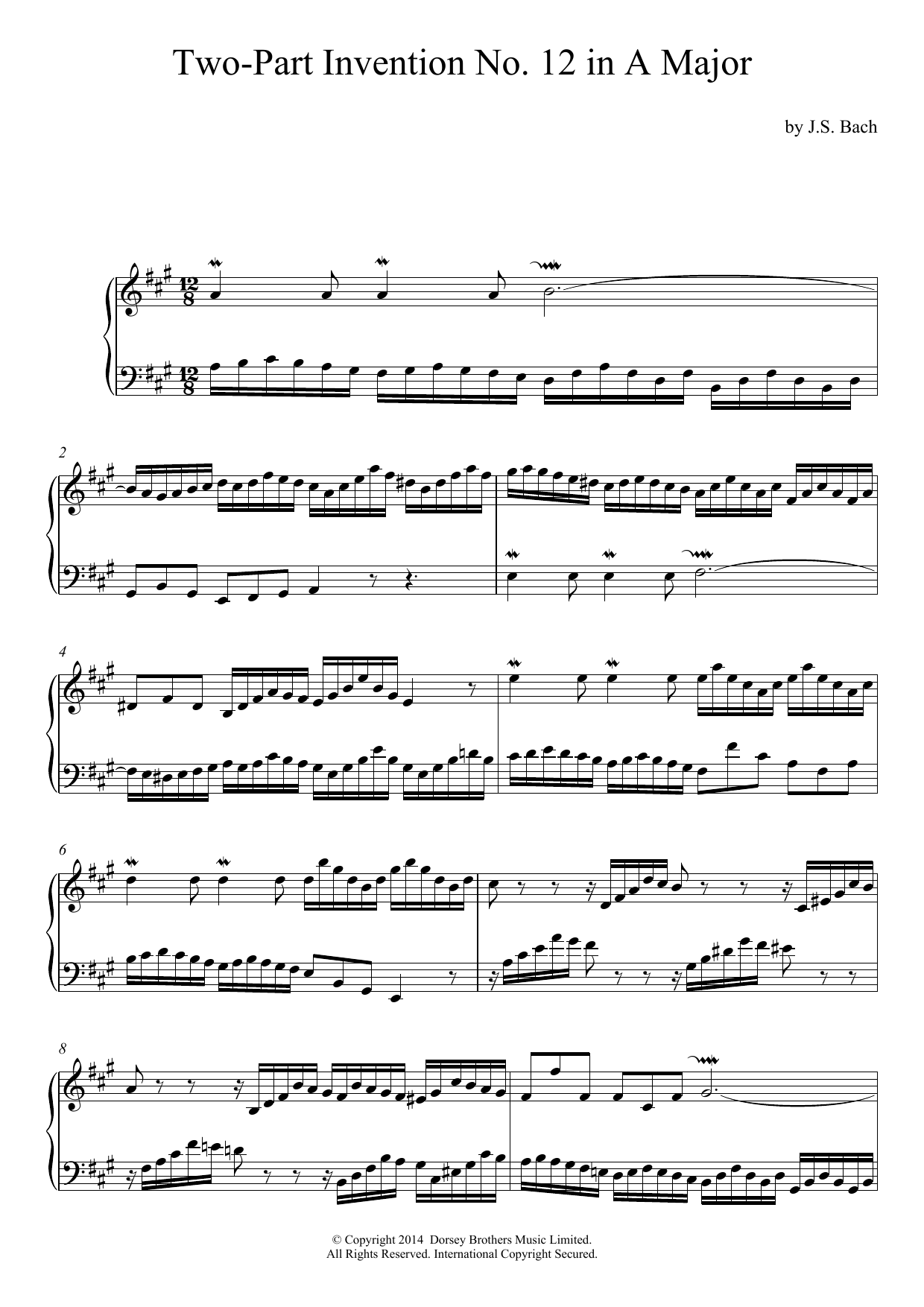 Download J.S. Bach Two-Part Invention No. 12 in A Major Sheet Music and learn how to play Piano PDF digital score in minutes