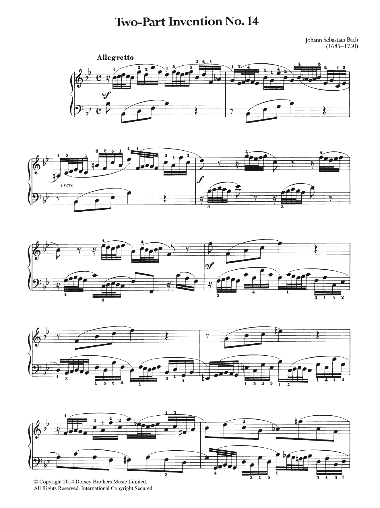 Download J.S. Bach Two-Part Invention No. 14 Sheet Music and learn how to play Piano PDF digital score in minutes