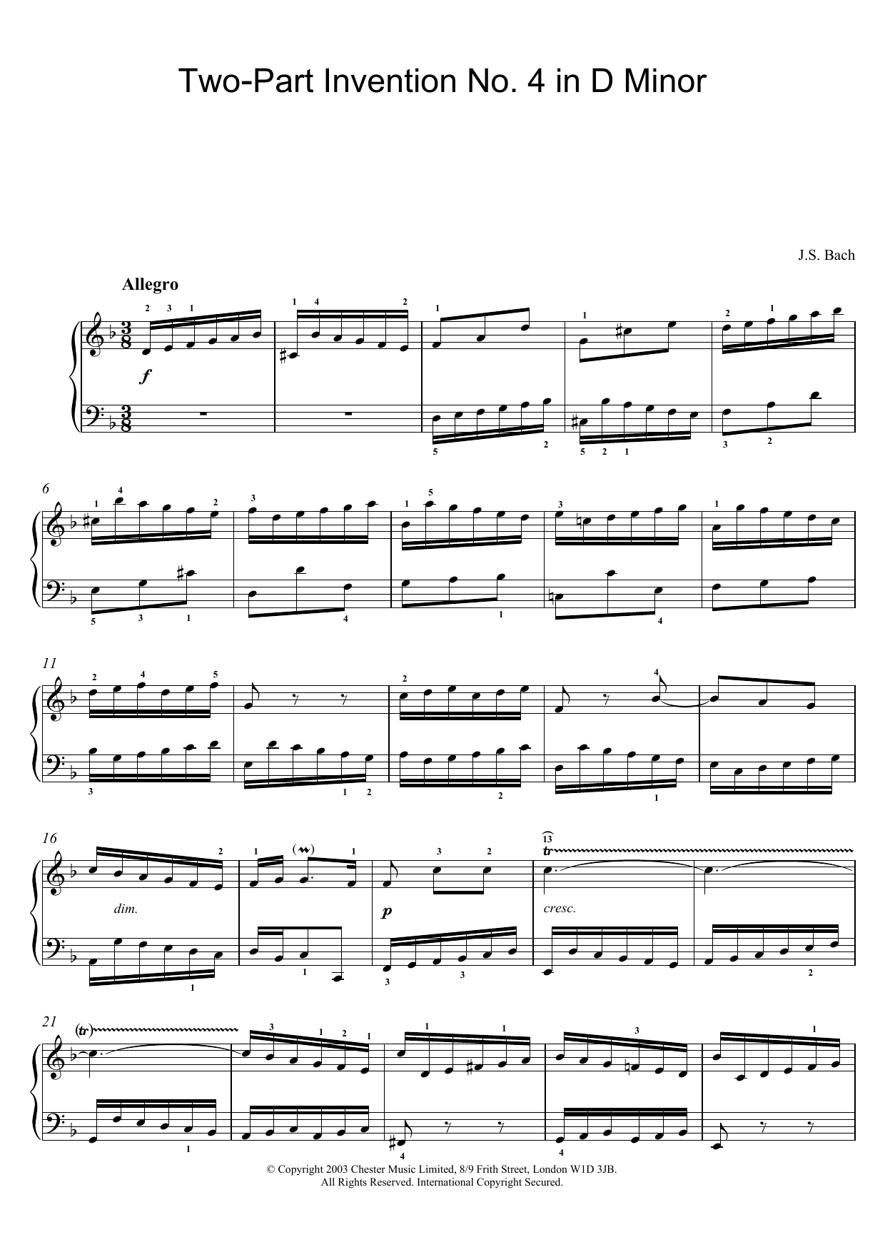 Download J.S. Bach Two-Part Invention No. 4 in D Minor Sheet Music and learn how to play Piano PDF digital score in minutes