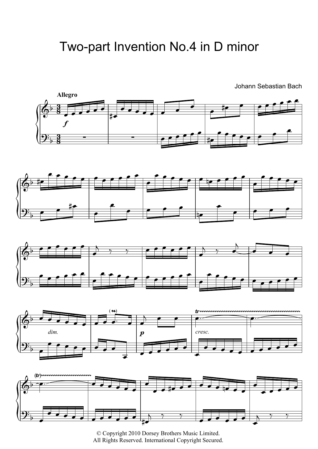 Download J.S. Bach Two-Part Invention No. 4 Sheet Music and learn how to play Piano PDF digital score in minutes