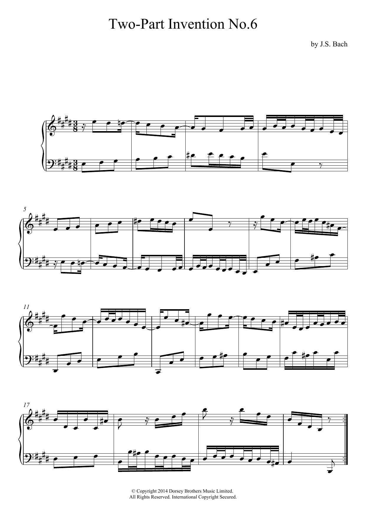 Download J.S. Bach Two-Part Invention No. 6 In E Major Sheet Music and learn how to play Piano PDF digital score in minutes