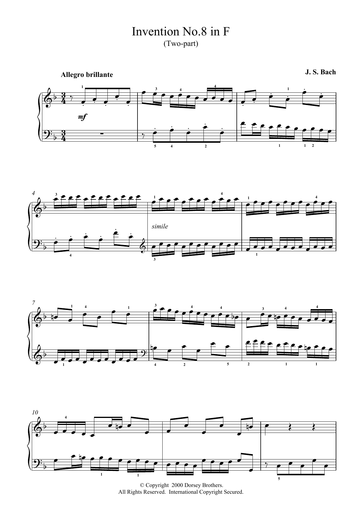 Download J.S. Bach Two-Part Invention No. 8 in F Major Sheet Music and learn how to play Piano PDF digital score in minutes