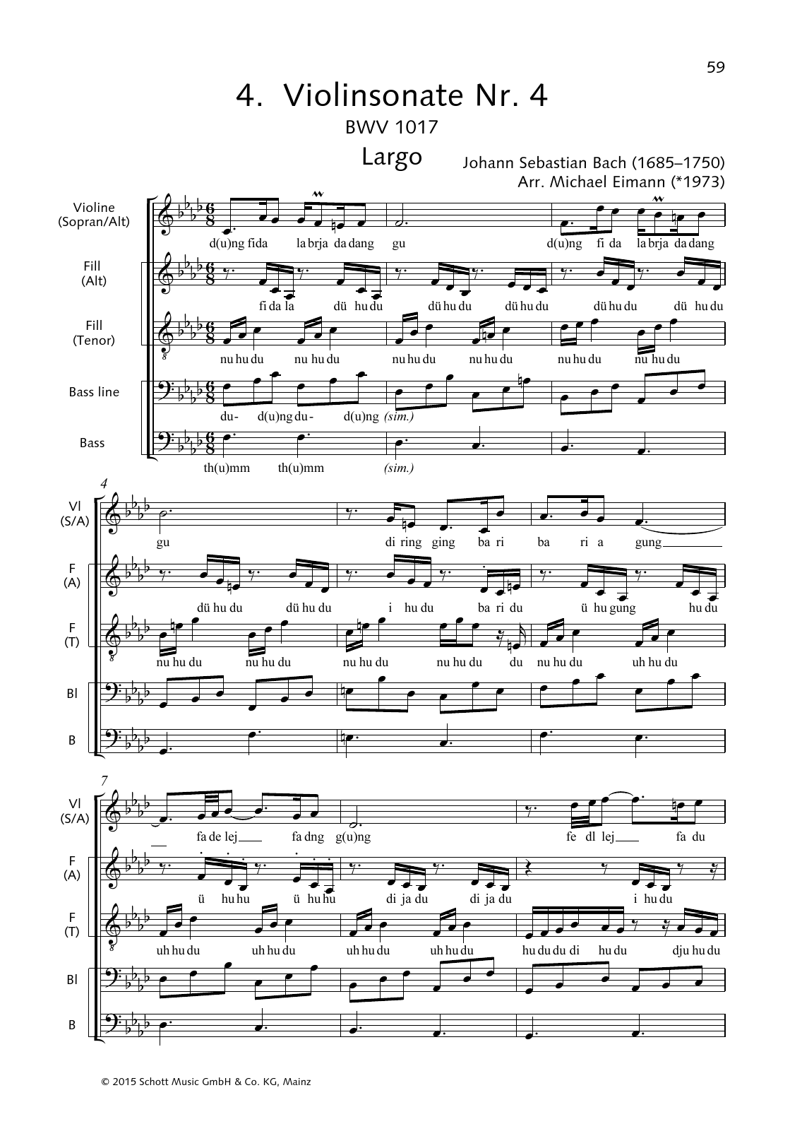 Download Johann Sebastian Bach Violin Sonata No. 4 (Largo) Sheet Music and learn how to play Choir PDF digital score in minutes