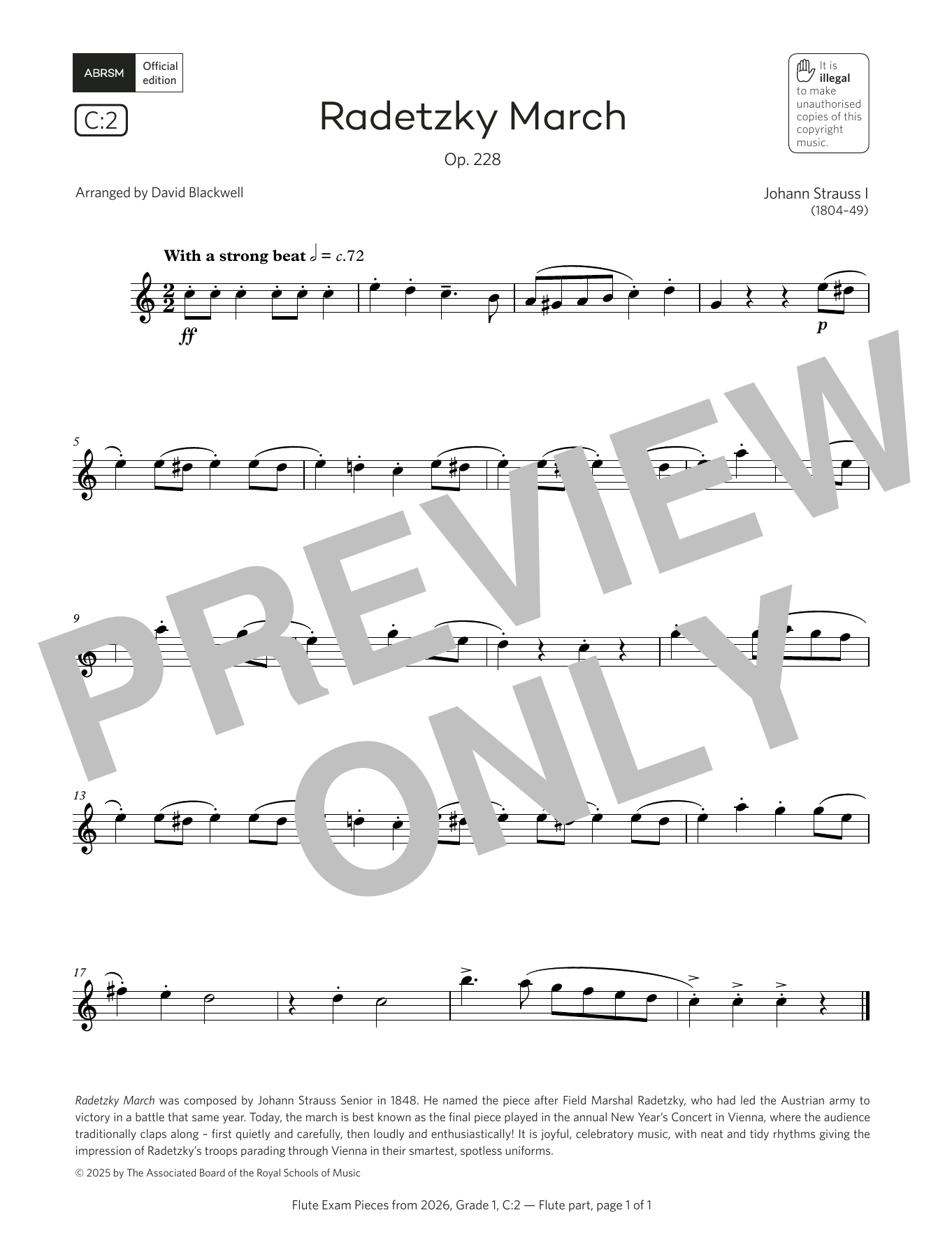 Download Johann Strauss I Radetzky March (Grade 1, list C2, from the ABRSM Flute Syllabus from 2026) Sheet Music and learn how to play Flute Solo PDF digital score in minutes