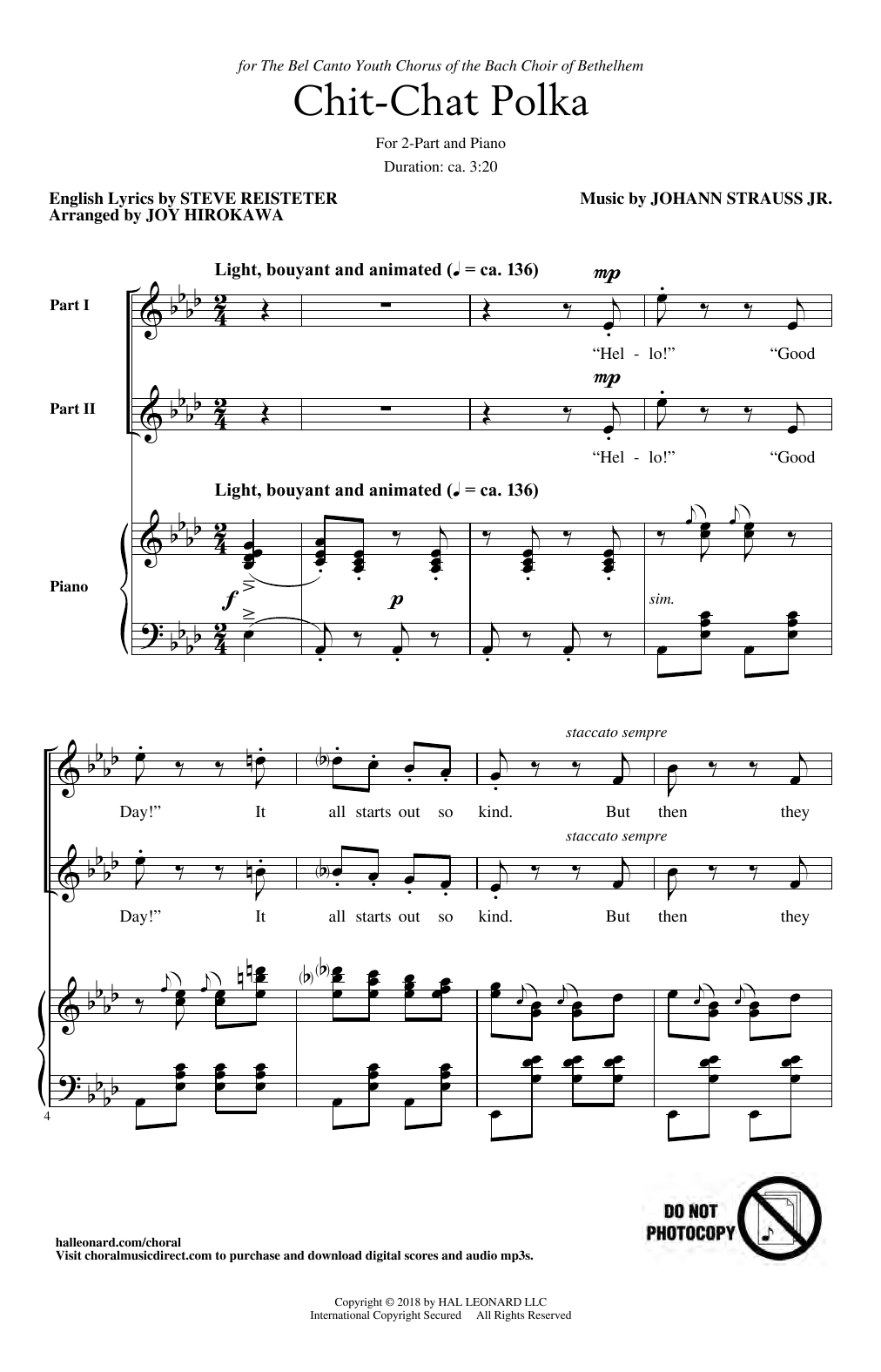 Download Johann Strauss Jr. Chit-Chat Polka (arr. Joy Hirokawa) Sheet Music and learn how to play 2-Part Choir PDF digital score in minutes