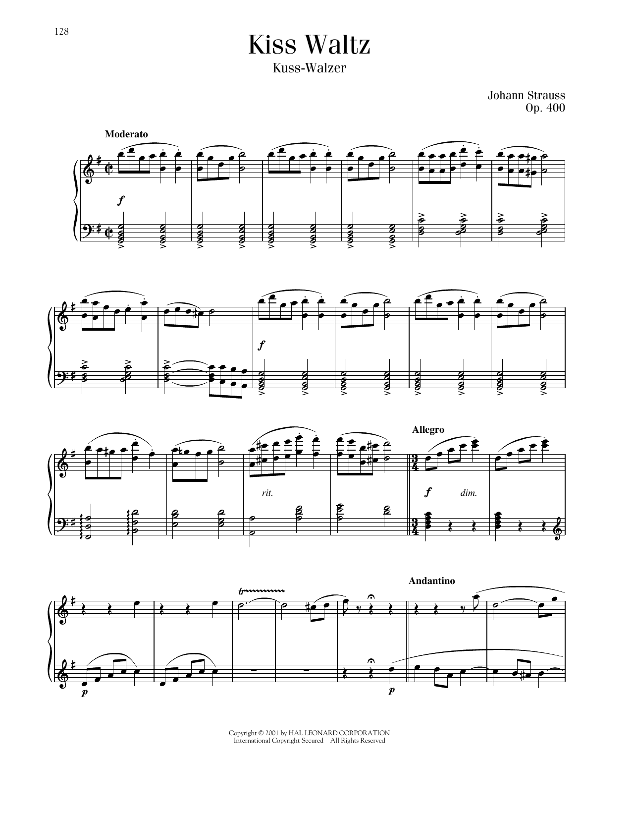 Download Johann Strauss Kiss Waltz, Op. 400 Sheet Music and learn how to play Piano Solo PDF digital score in minutes