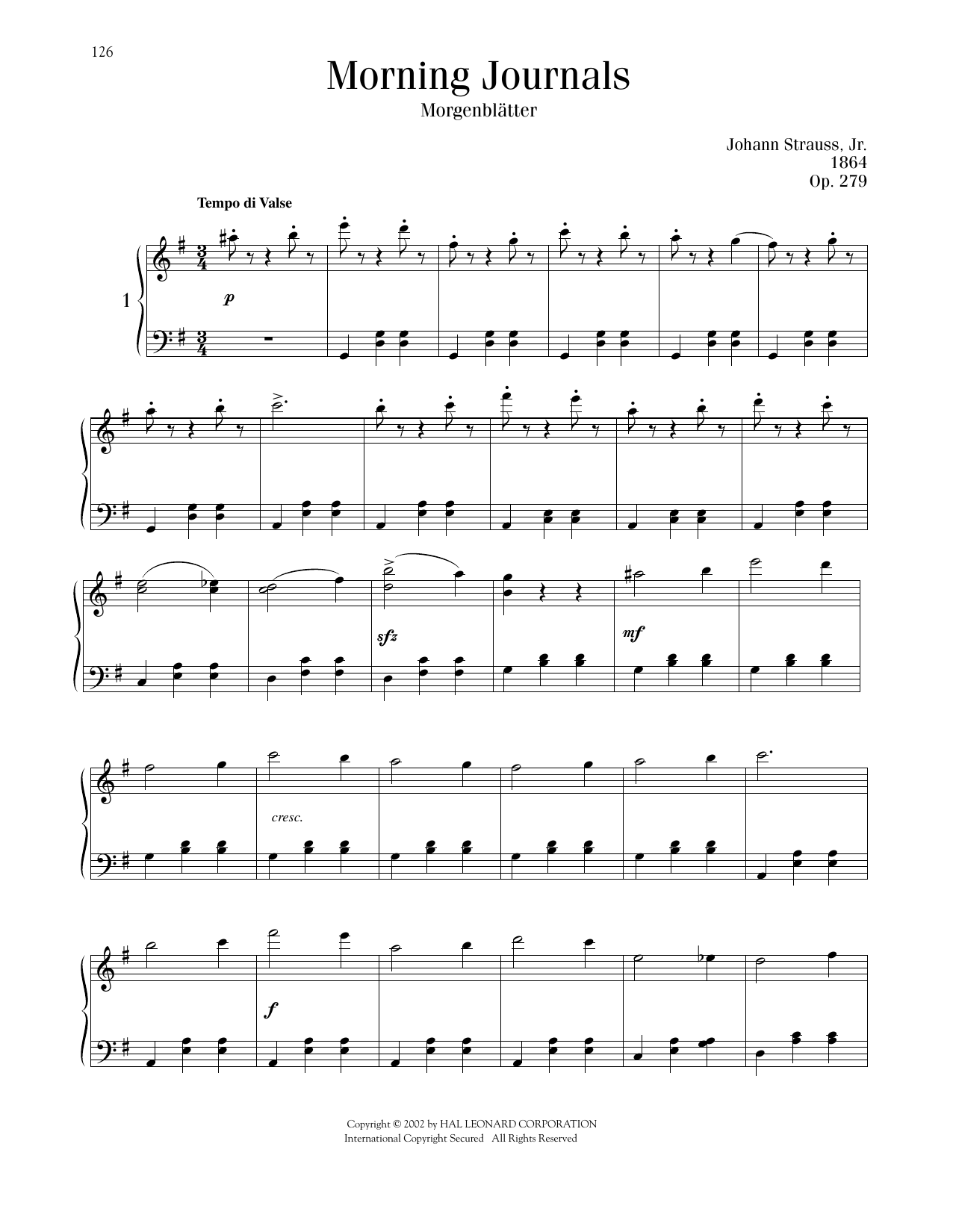 Download Johann Strauss Morning Journals, Op. 279 Sheet Music and learn how to play Piano Solo PDF digital score in minutes