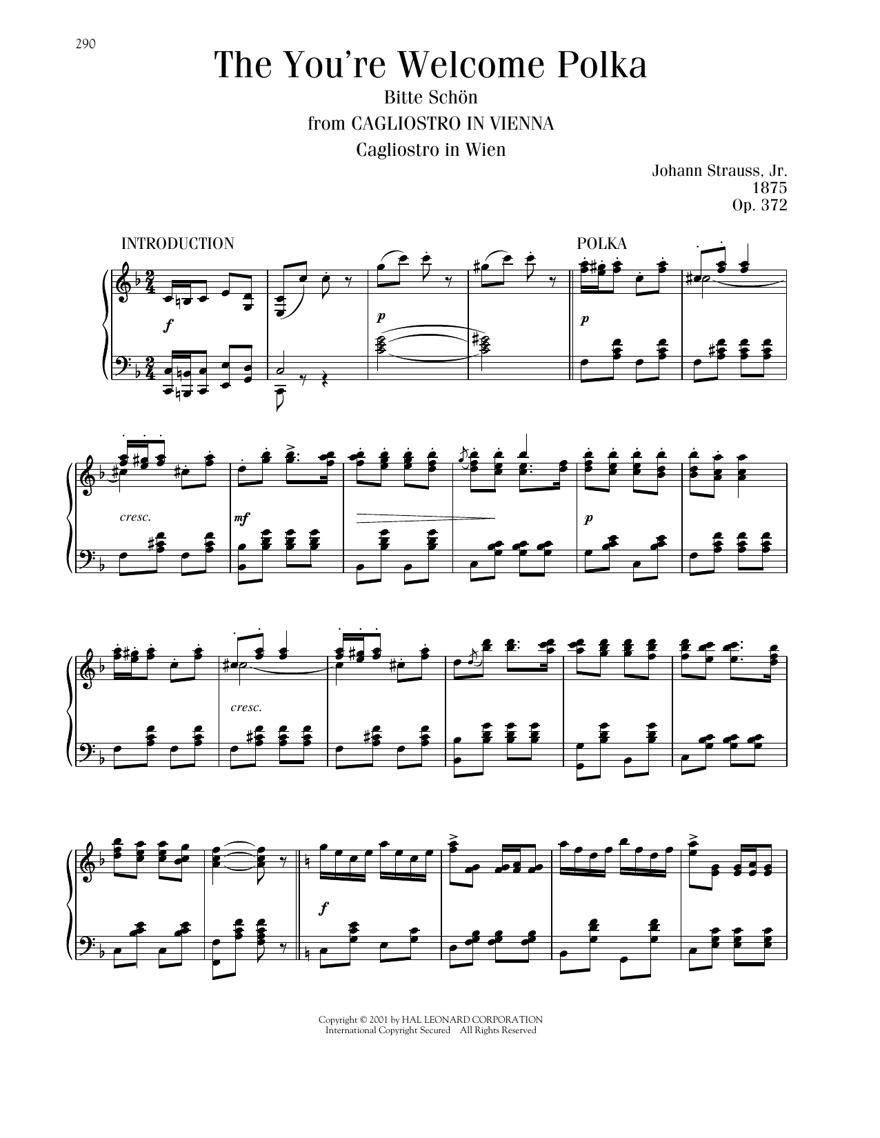 Download Johann Strauss The You're Welcome Polka, Op. 372 Sheet Music and learn how to play Piano Solo PDF digital score in minutes