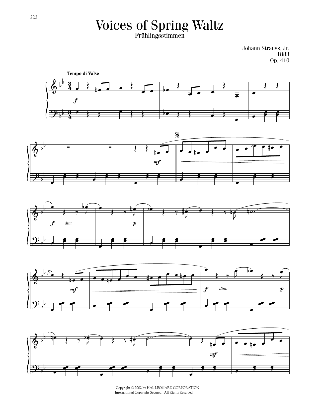 Download Johann Strauss Voices Of Spring Waltz, Op. 410 Sheet Music and learn how to play Piano Solo PDF digital score in minutes