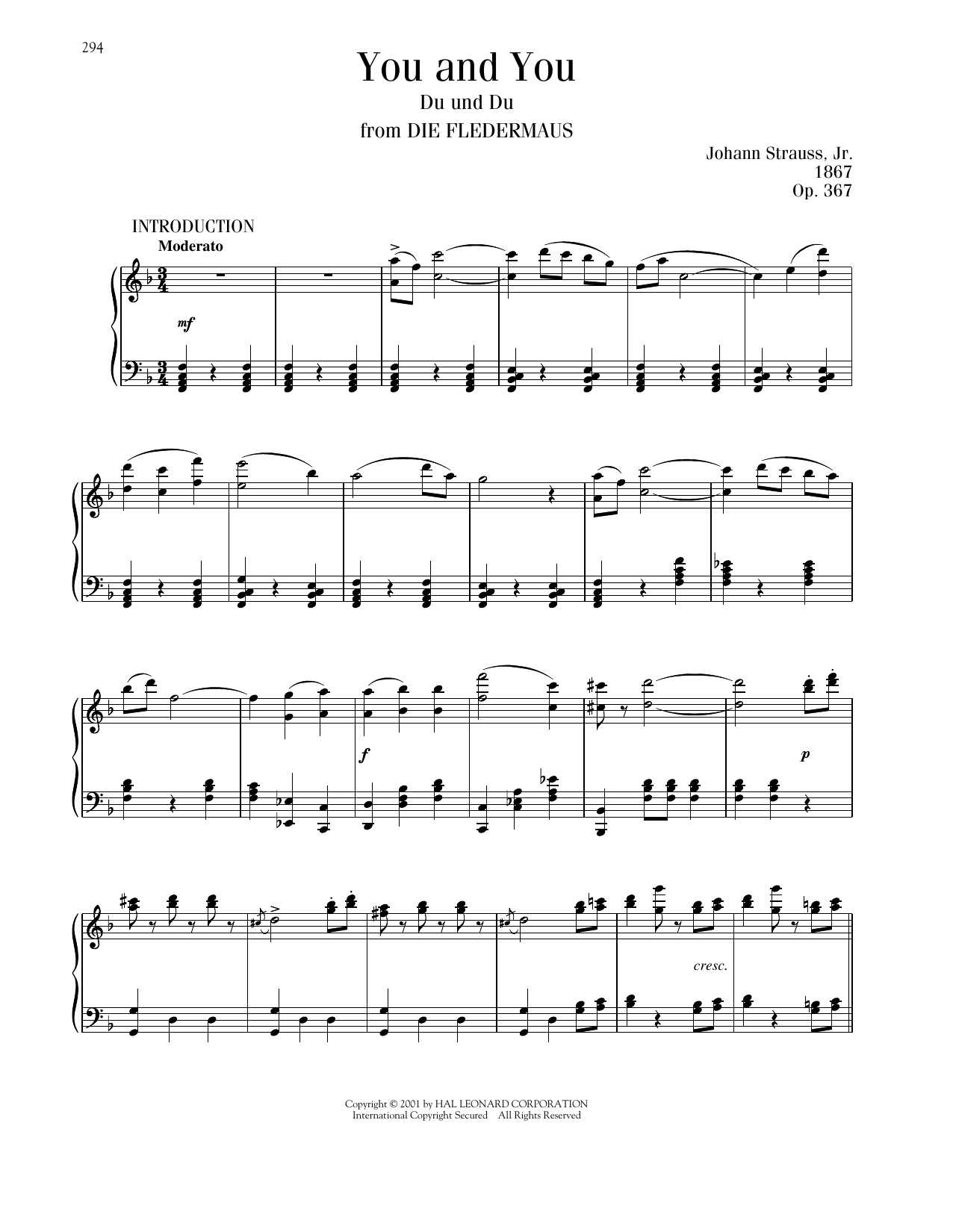 Download Johann Strauss You And You, Op. 367 Sheet Music and learn how to play Piano Solo PDF digital score in minutes