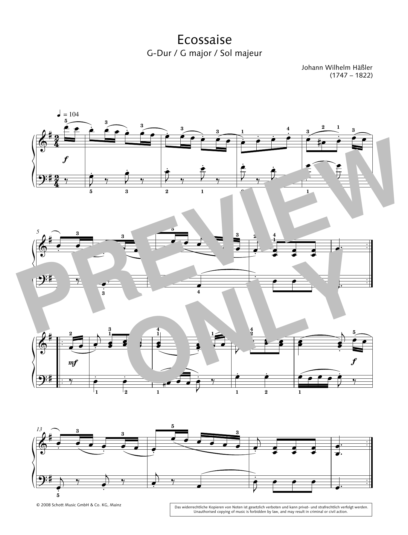 Download Johann Wilhelm Hässler Ecossaise in G major Sheet Music and learn how to play Piano Solo PDF digital score in minutes