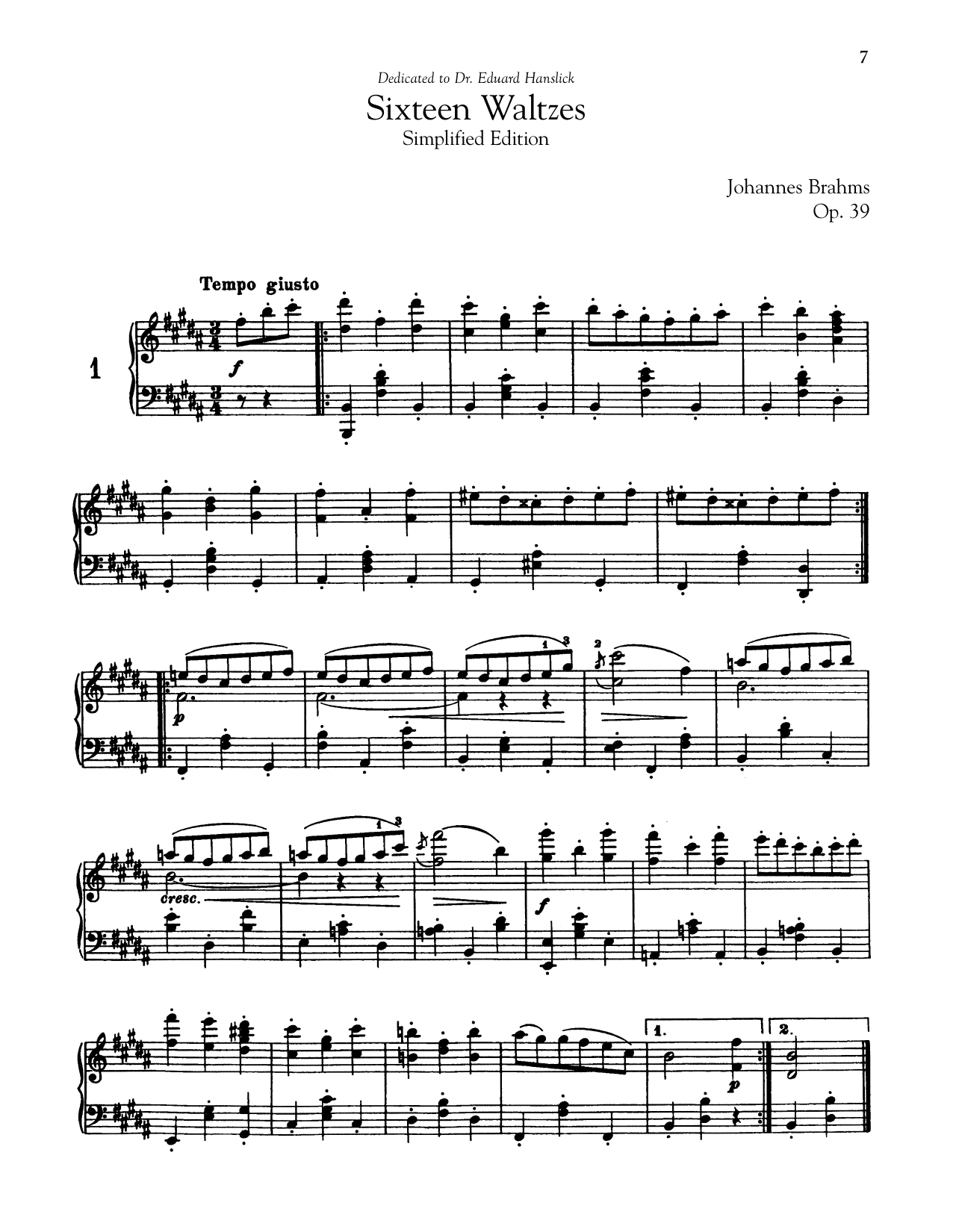 Download Johannes Brahms 16 Waltzes, Op. 39 (Simplified Edition) Sheet Music and learn how to play Piano PDF digital score in minutes