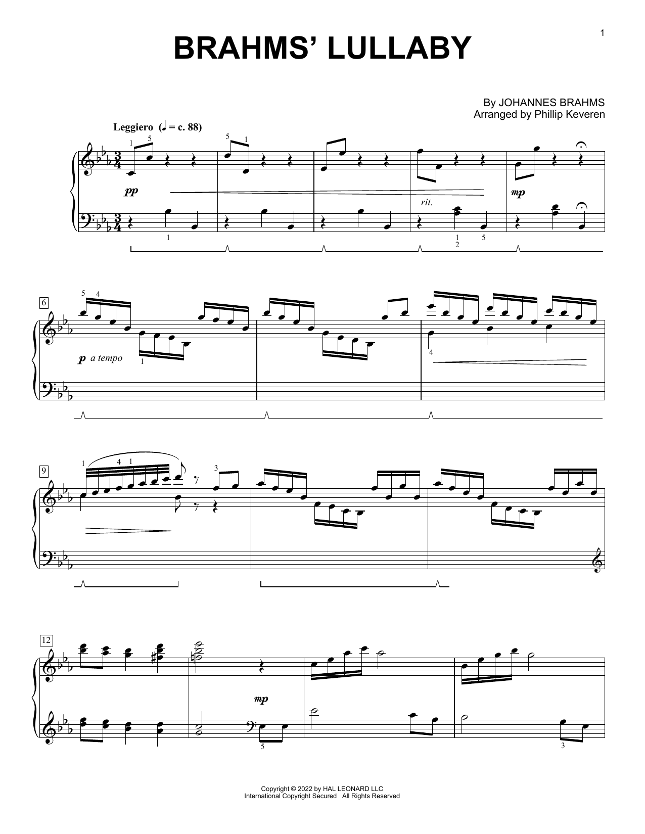 Download Johannes Brahms Brahms' Lullaby (arr. Phillip Keveren) Sheet Music and learn how to play Piano Solo PDF digital score in minutes