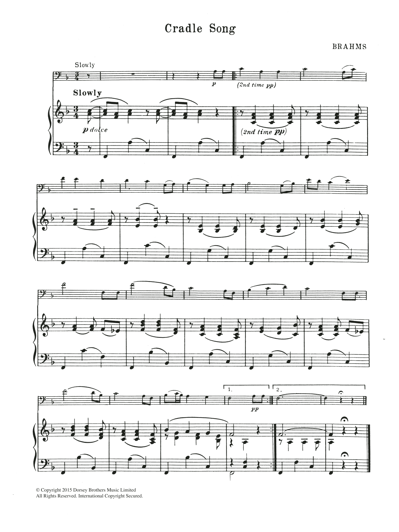 Download Johannes Brahms Cradle Song Sheet Music and learn how to play Cello PDF digital score in minutes