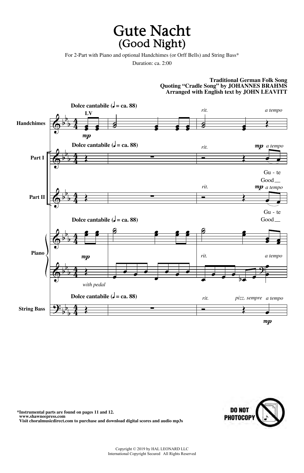 Download Johannes Brahms Gute Nacht (Good Night) (arr. John Leavitt) Sheet Music and learn how to play 2-Part Choir PDF digital score in minutes