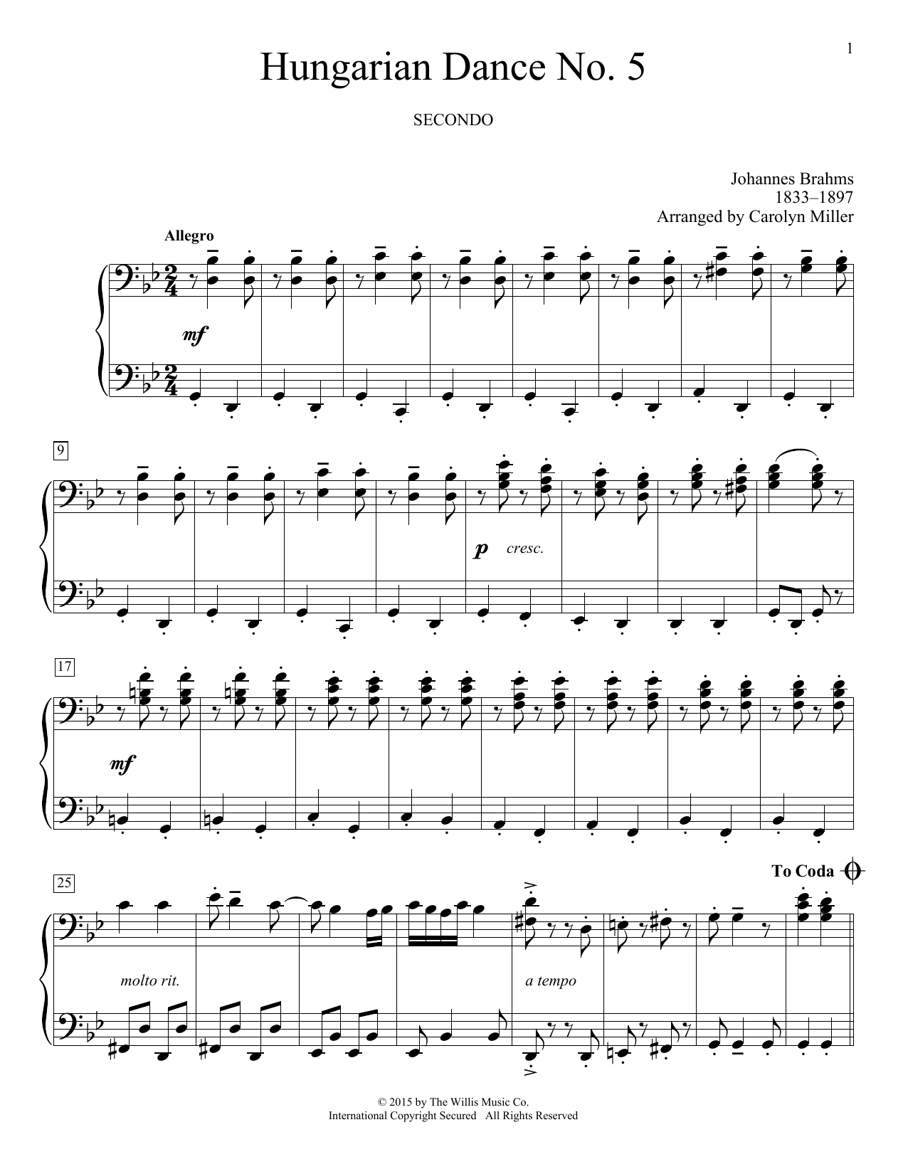 Download Carolyn Miller Hungarian Dance No. 5 Sheet Music and learn how to play Piano Duet PDF digital score in minutes