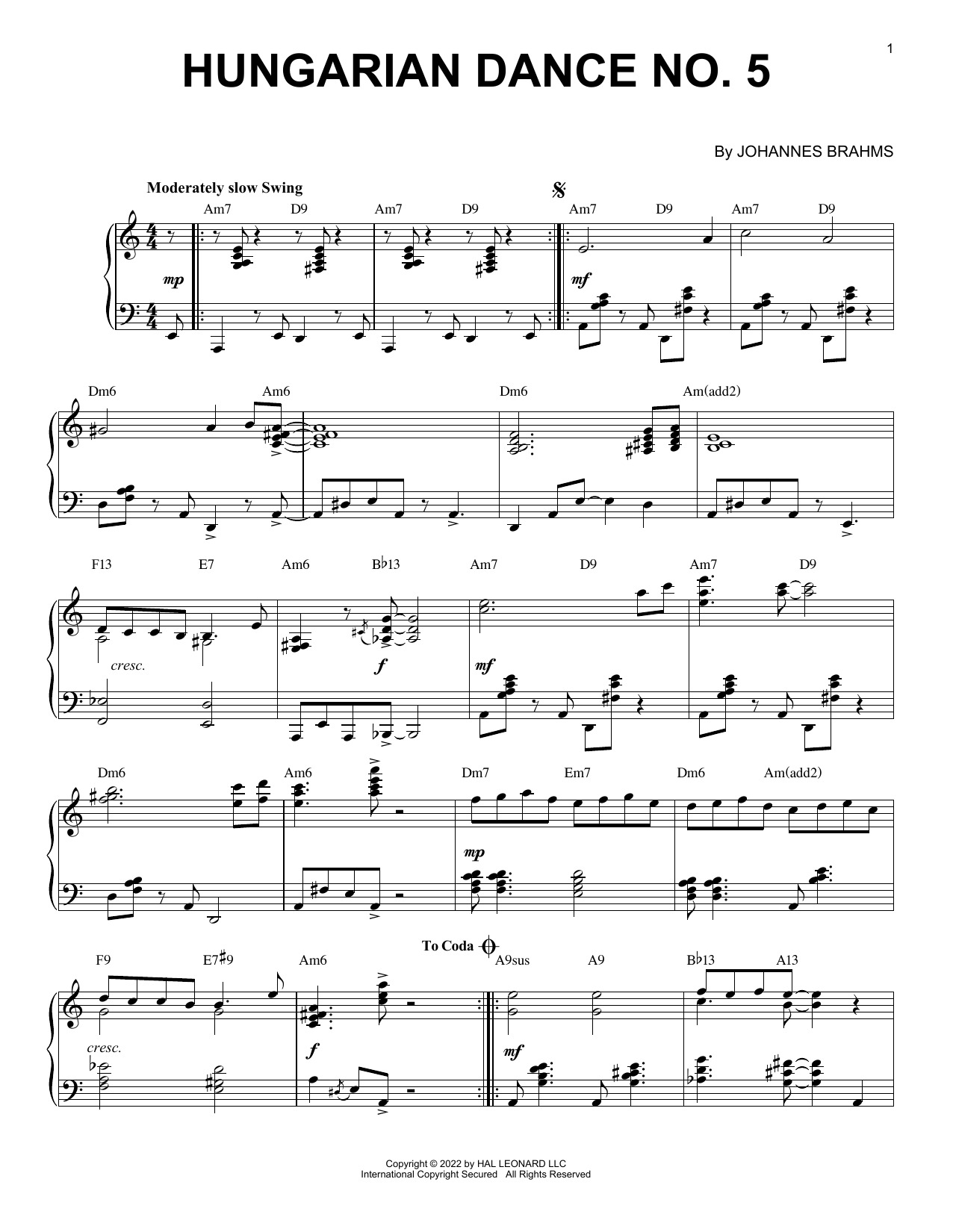 Download Johannes Brahms Hungarian Dance No. 5 [Jazz version] (arr. Brent Edstrom) Sheet Music and learn how to play Piano Solo PDF digital score in minutes