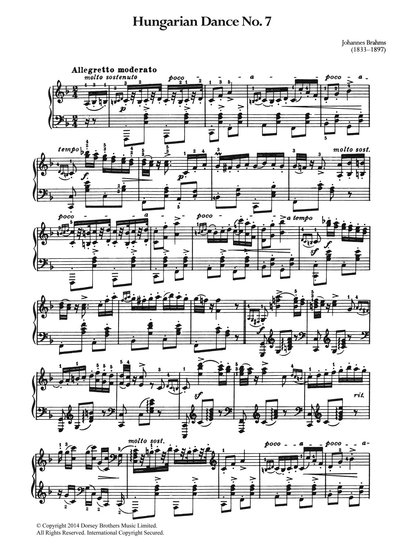 Download Johannes Brahms Hungarian Dance No.7 Sheet Music and learn how to play Piano PDF digital score in minutes
