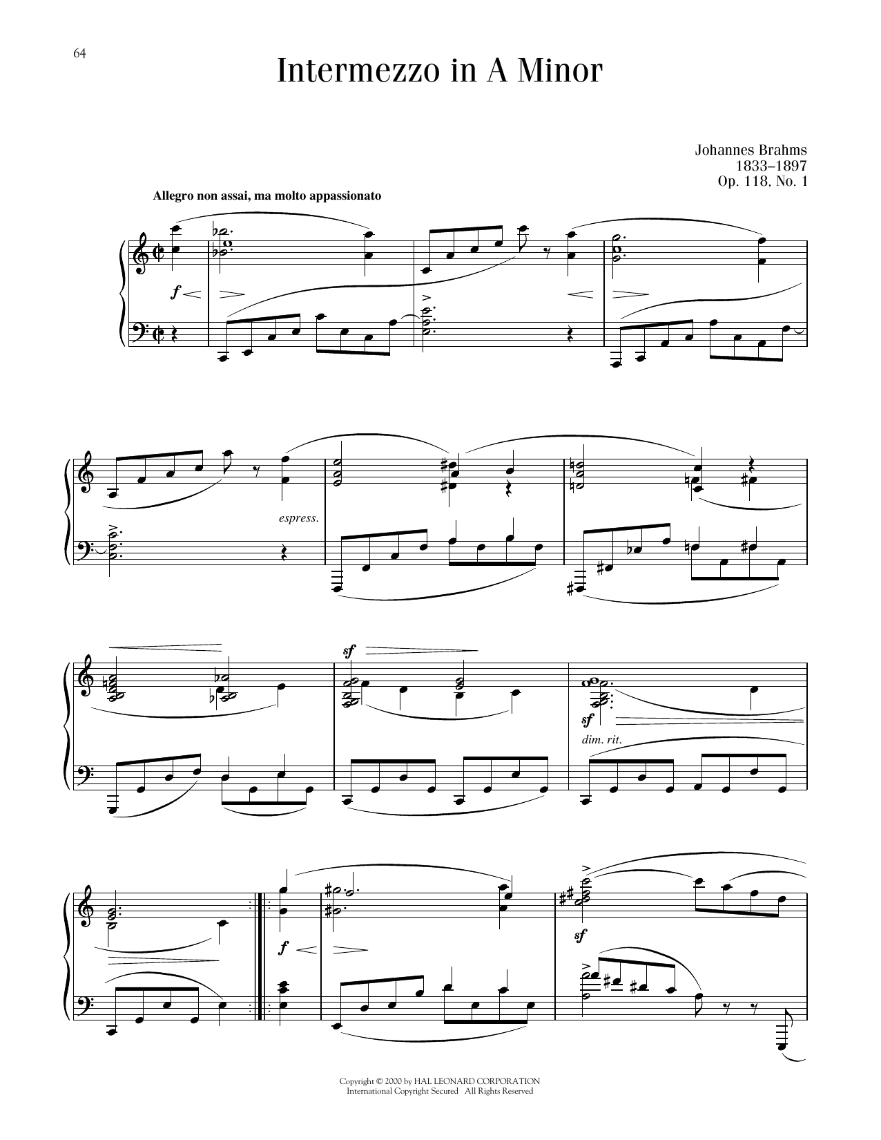Download Johannes Brahms Intermezzo In A Minor, Op. 118, No. 1 Sheet Music and learn how to play Piano Solo PDF digital score in minutes