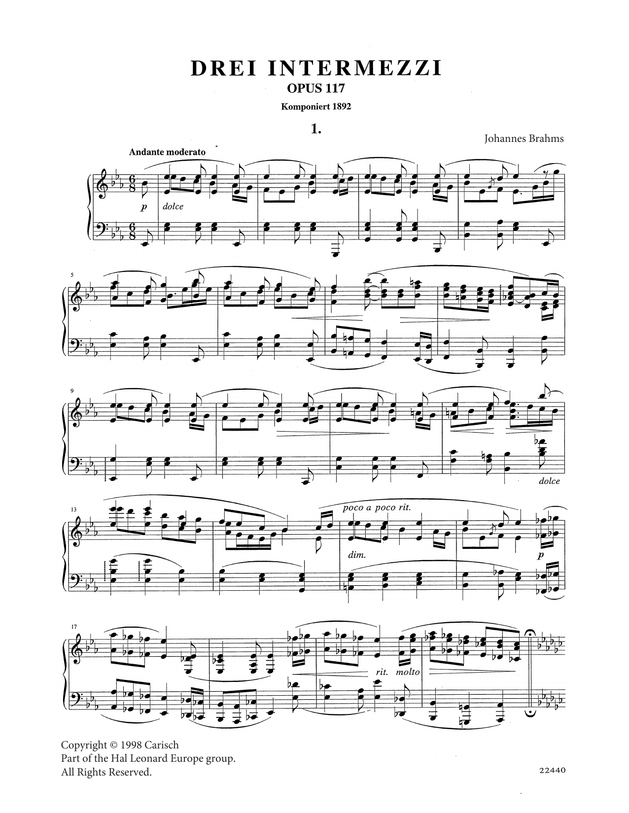 Download Johannes Brahms Intermezzo in E Flat Major Op. 117 No. 1 Sheet Music and learn how to play Piano Solo PDF digital score in minutes