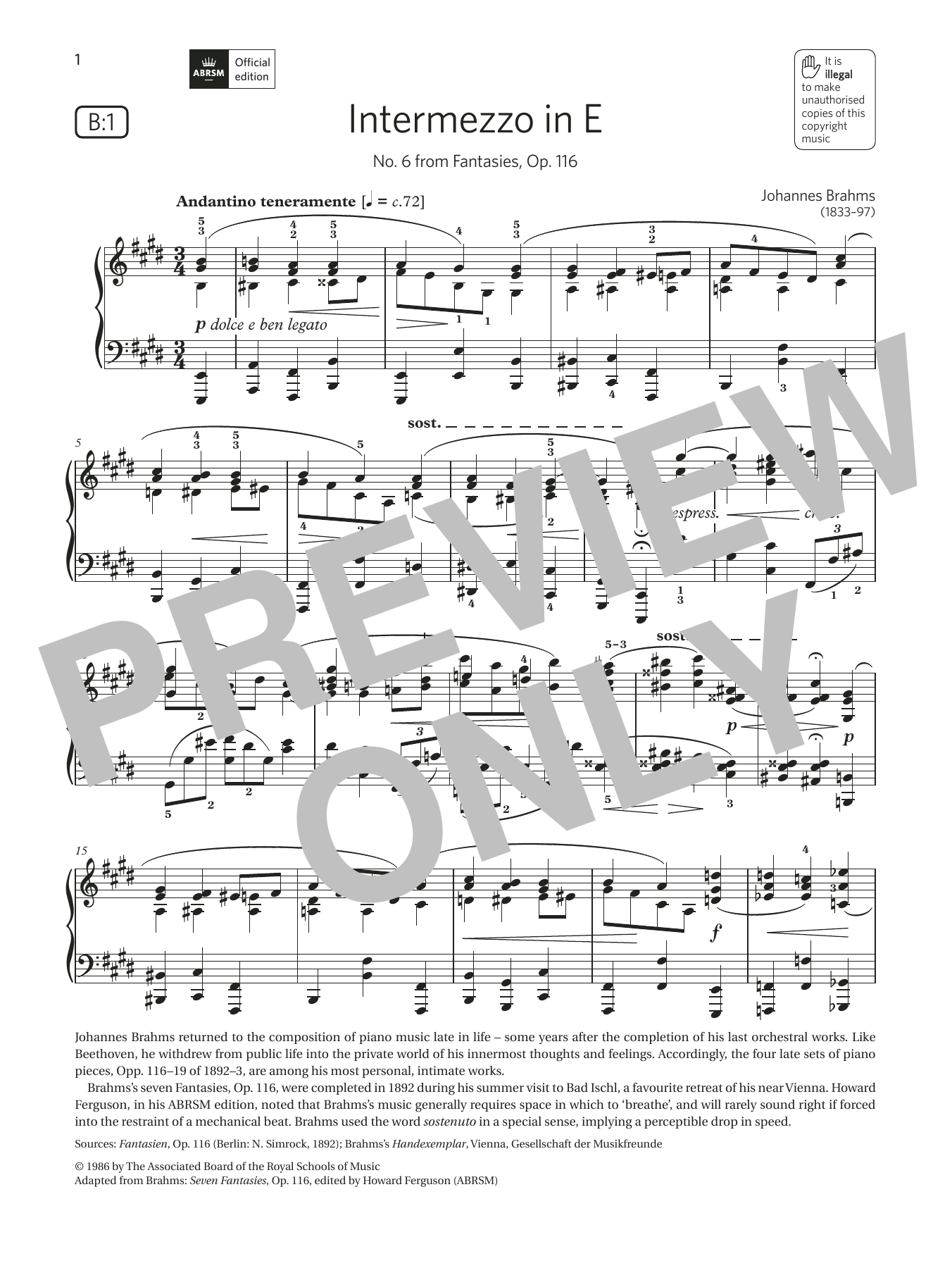 Download Johannes Brahms Intermezzo in E (Grade 8, list B1, from the ABRSM Piano Syllabus 2021 & 2022) Sheet Music and learn how to play Piano Solo PDF digital score in minutes