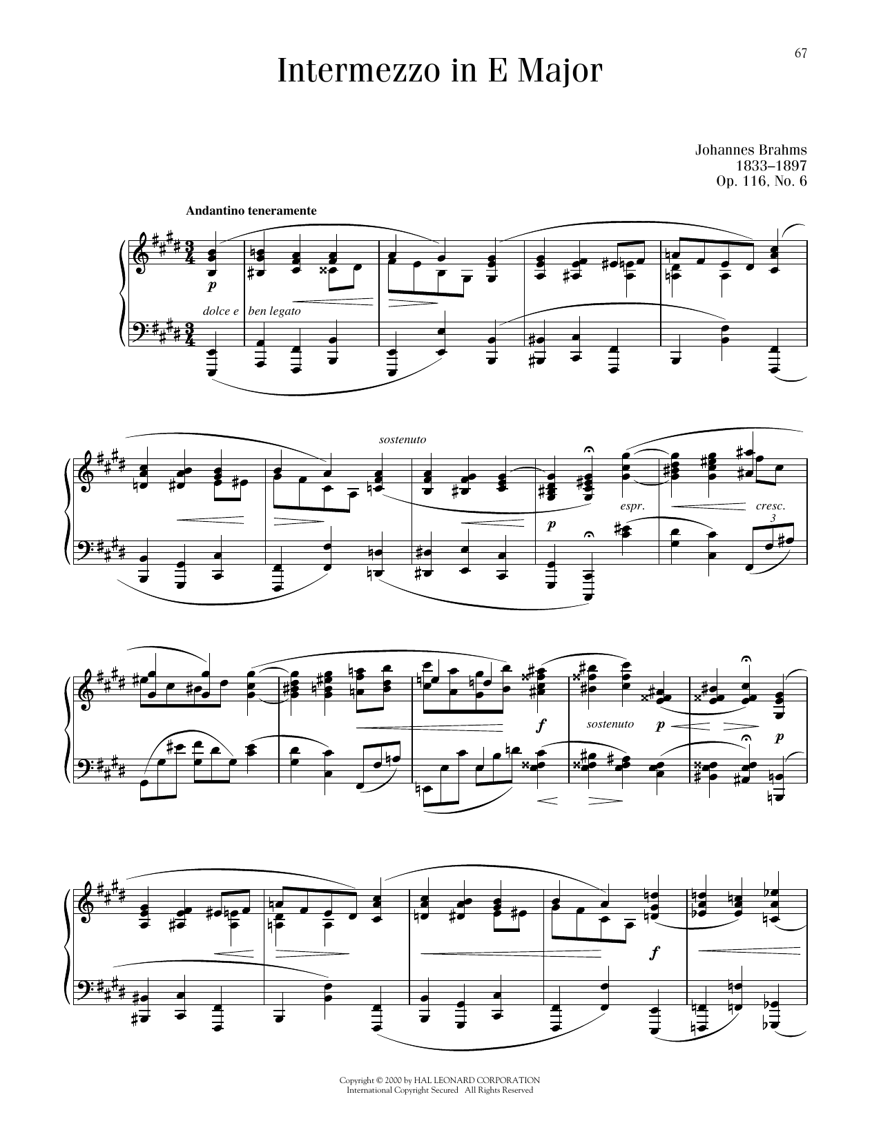 Download Johannes Brahms Intermezzo In E Major, Op. 116, No. 6 Sheet Music and learn how to play Piano Solo PDF digital score in minutes