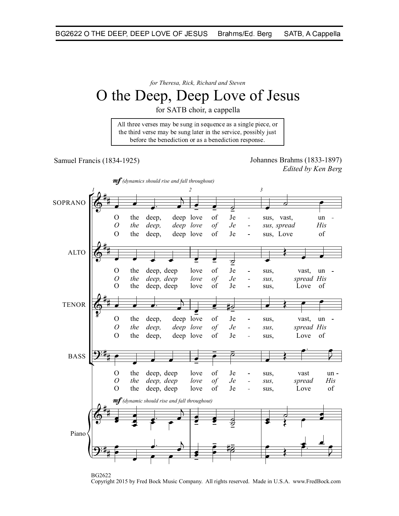 Download Johannes Brahms O The Deep, Deep Love Of Jesus (ed. Ken Berg) Sheet Music and learn how to play SATB Choir PDF digital score in minutes