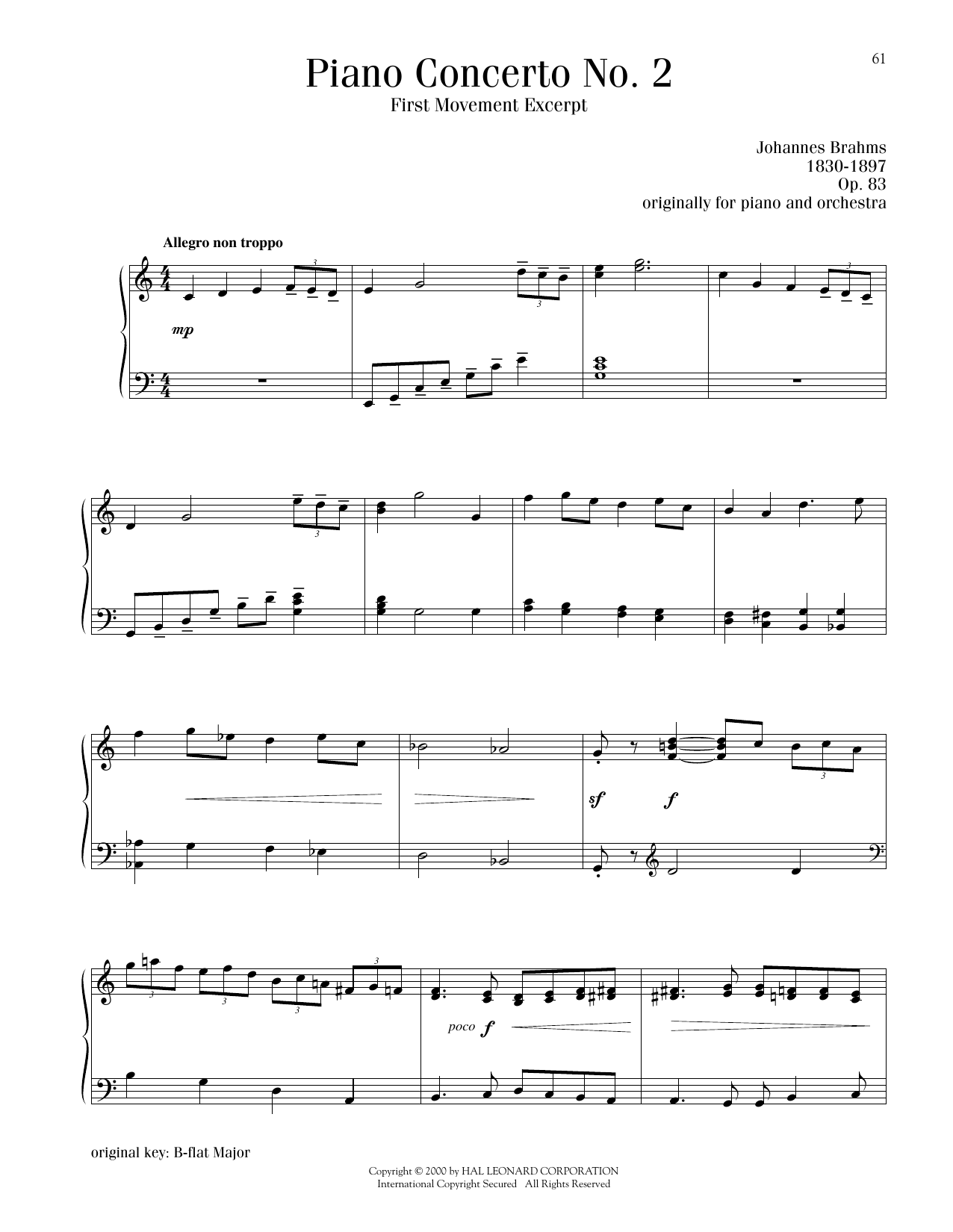 Download Johannes Brahms Piano Concerto No. 2, First Movement Excerpt Sheet Music and learn how to play Piano Solo PDF digital score in minutes