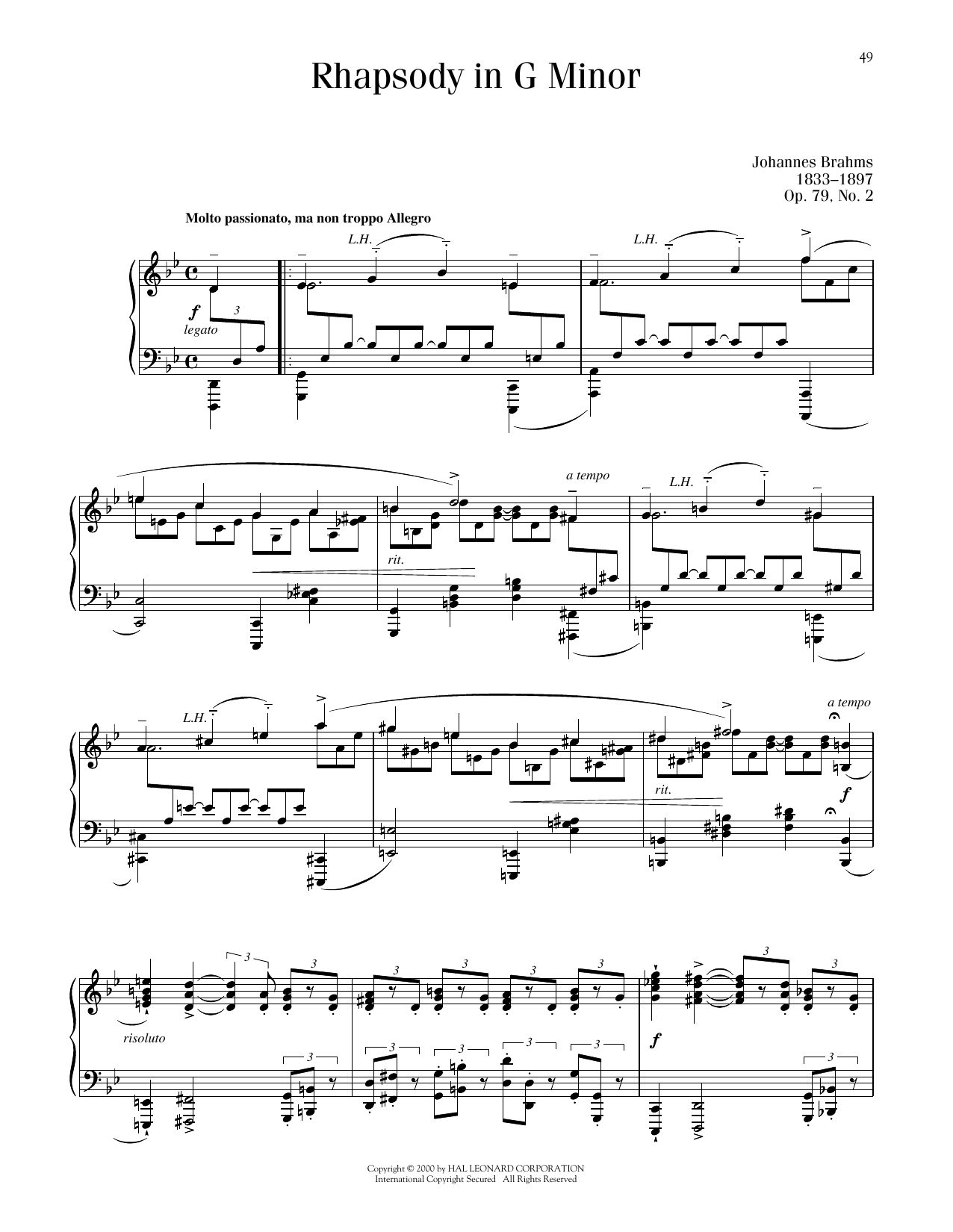Download Johannes Brahms Rhapsody In G Minor, Op. 79, No. 2 Sheet Music and learn how to play Piano Solo PDF digital score in minutes