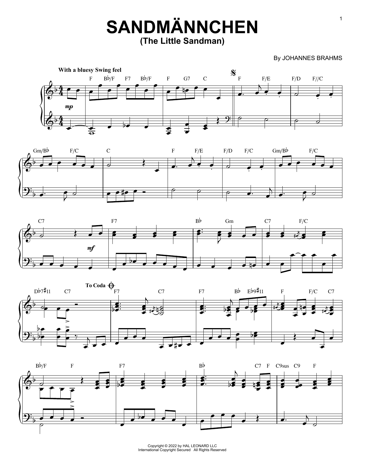 Download Johannes Brahms Sandmannchen (The Little Sandman), WoO 31, No. 4 [Jazz version] (arr. Brent Edst Sheet Music and learn how to play Piano Solo PDF digital score in minutes