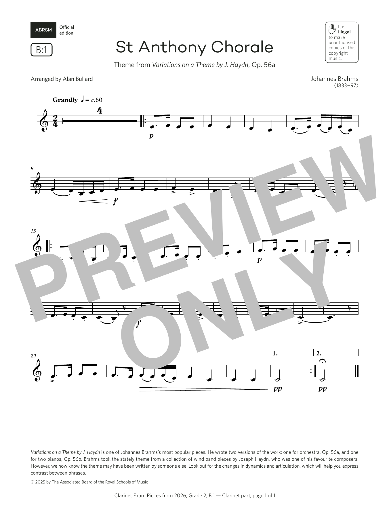 Download Johannes Brahms St Anthony Chorale (Grade 2, list B1, from the ABRSM Clarinet Syllabus from 2026 Sheet Music and learn how to play Clarinet Solo PDF digital score in minutes