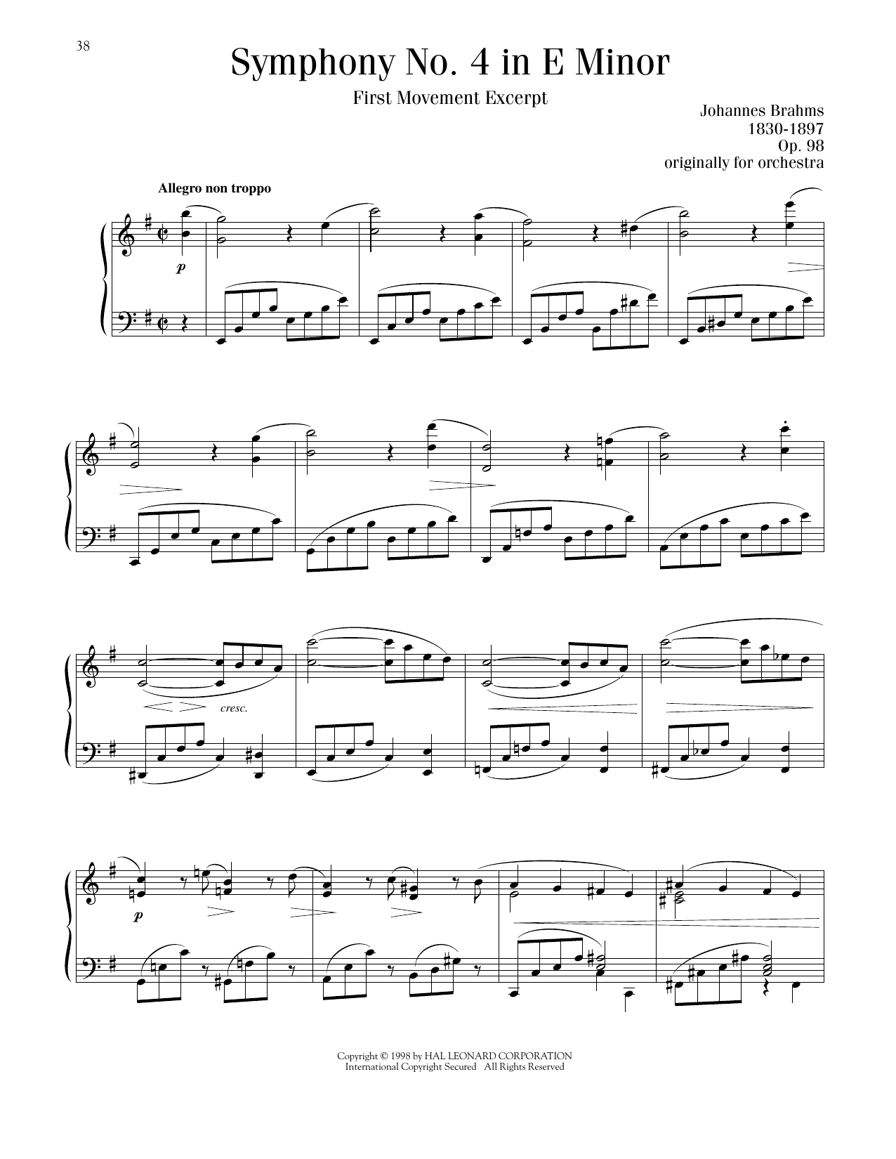 Download Johannes Brahms Symphony No. 4 in E Minor, First Movement Excerpt Sheet Music and learn how to play Piano Solo PDF digital score in minutes