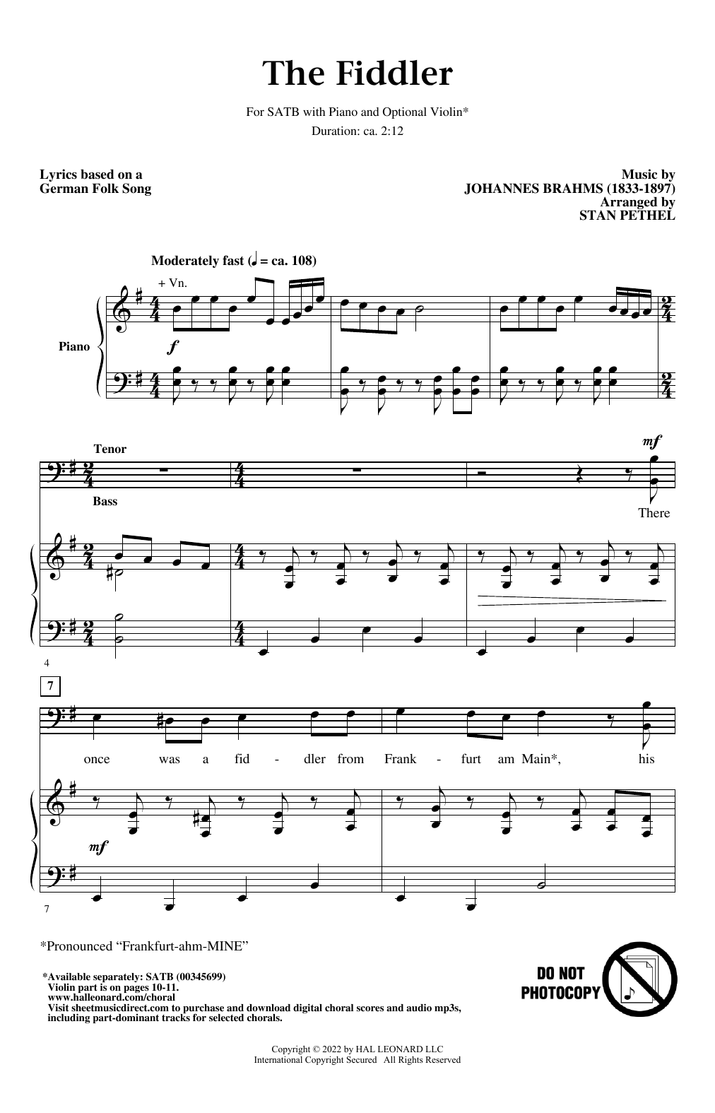 Download Johannes Brahms The Fiddler (arr. Stan Pethel) Sheet Music and learn how to play SATB Choir PDF digital score in minutes