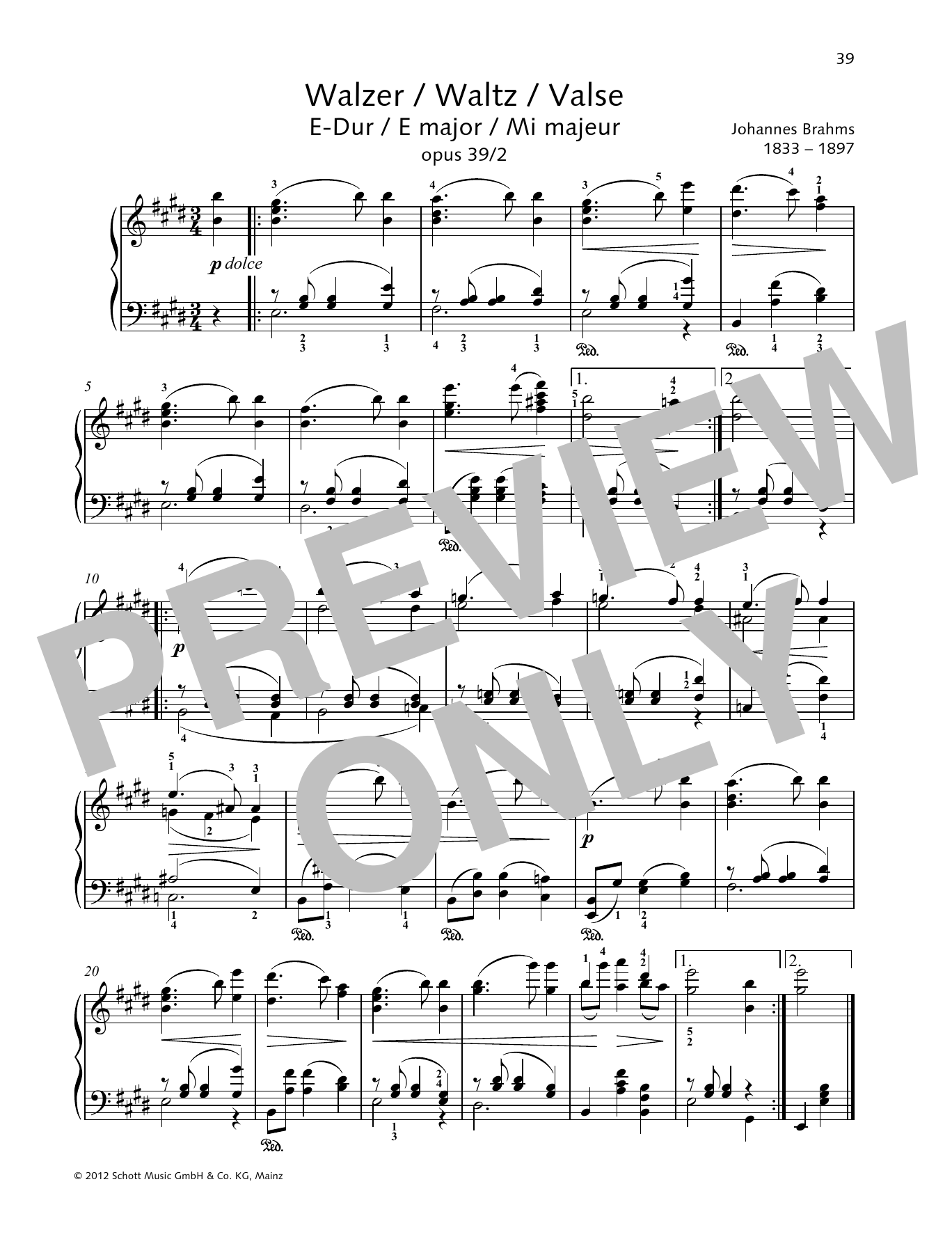Download Johannes Brahms Waltz E major Sheet Music and learn how to play Piano Solo PDF digital score in minutes