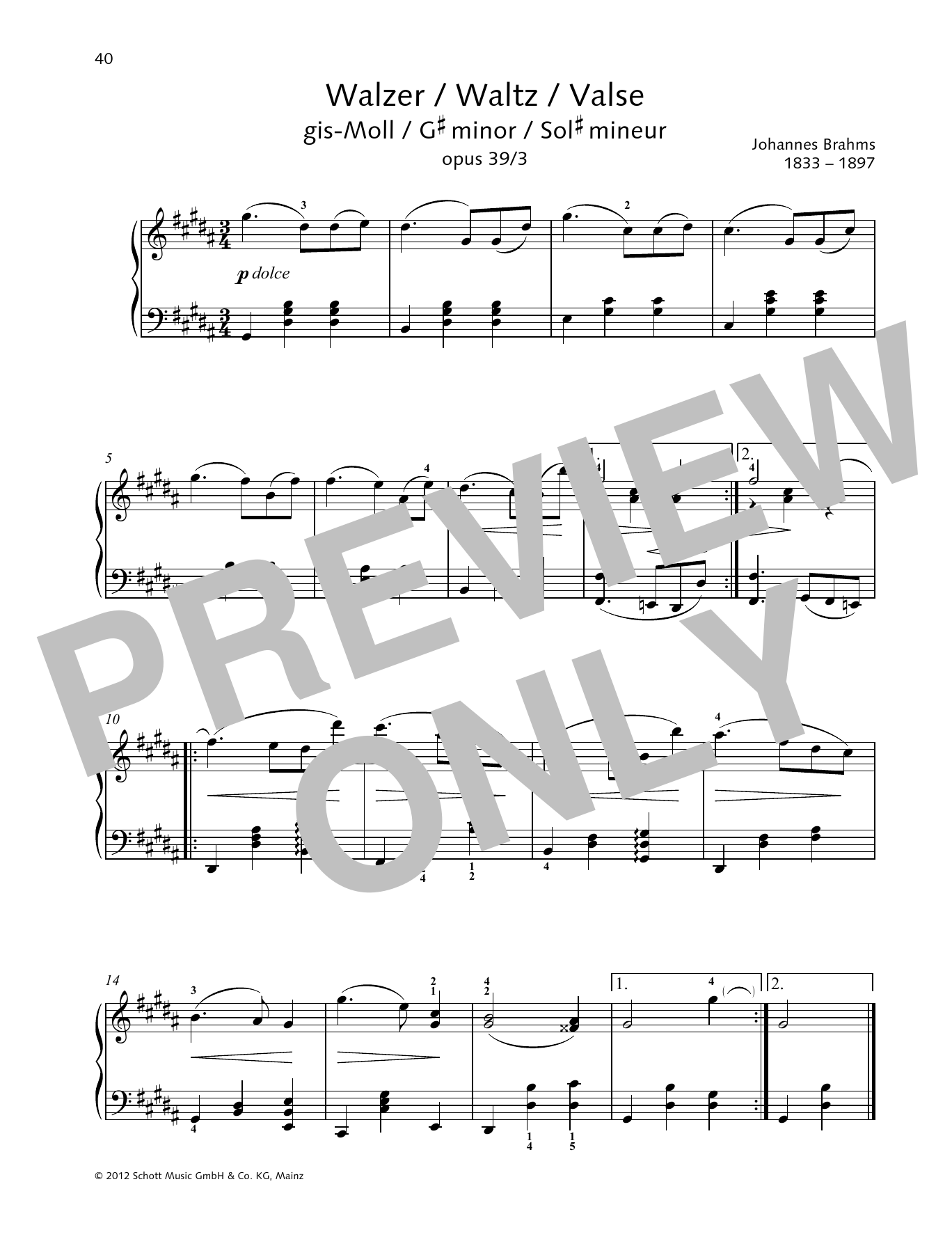 Download Johannes Brahms Waltz G-sharp minor Sheet Music and learn how to play Piano Solo PDF digital score in minutes