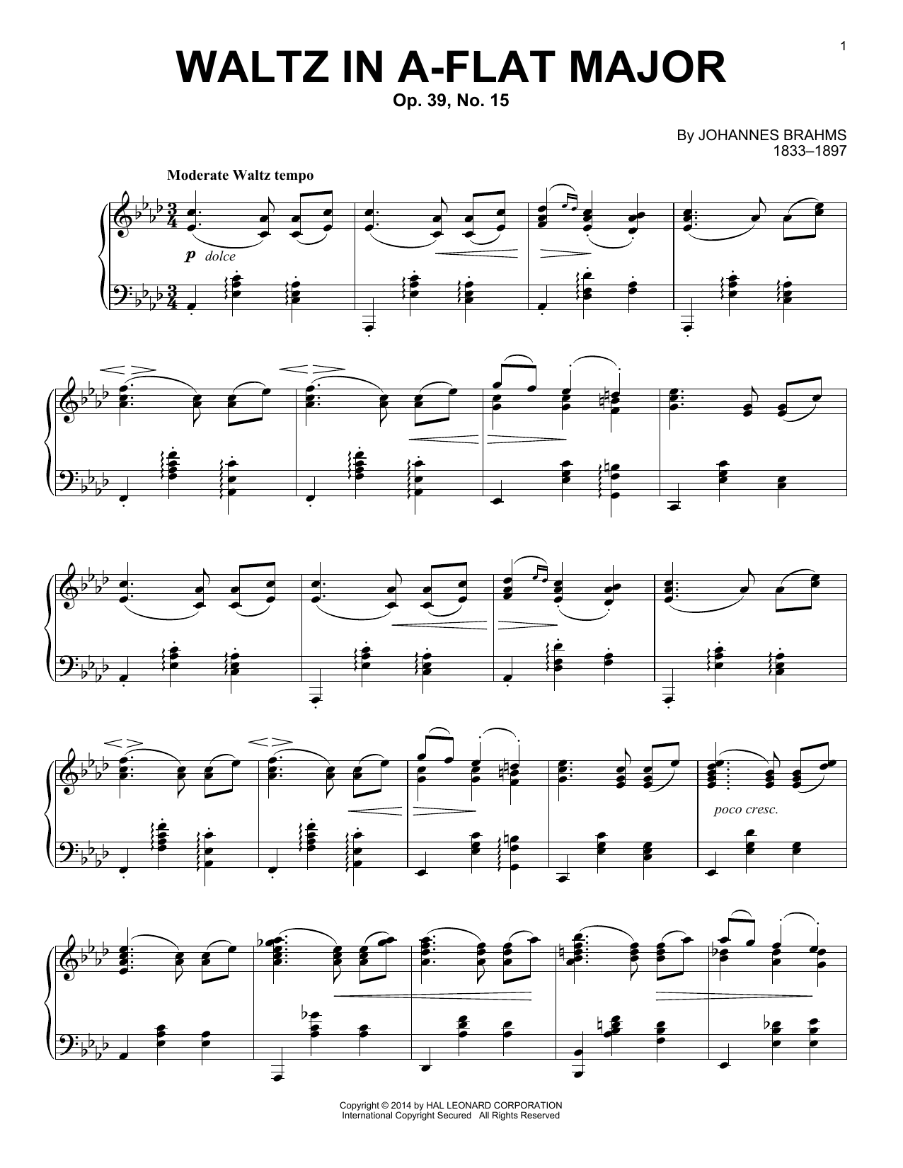 Download Johannes Brahms Waltz In A-Flat Major, Op. 39, No. 15 Sheet Music and learn how to play Piano PDF digital score in minutes