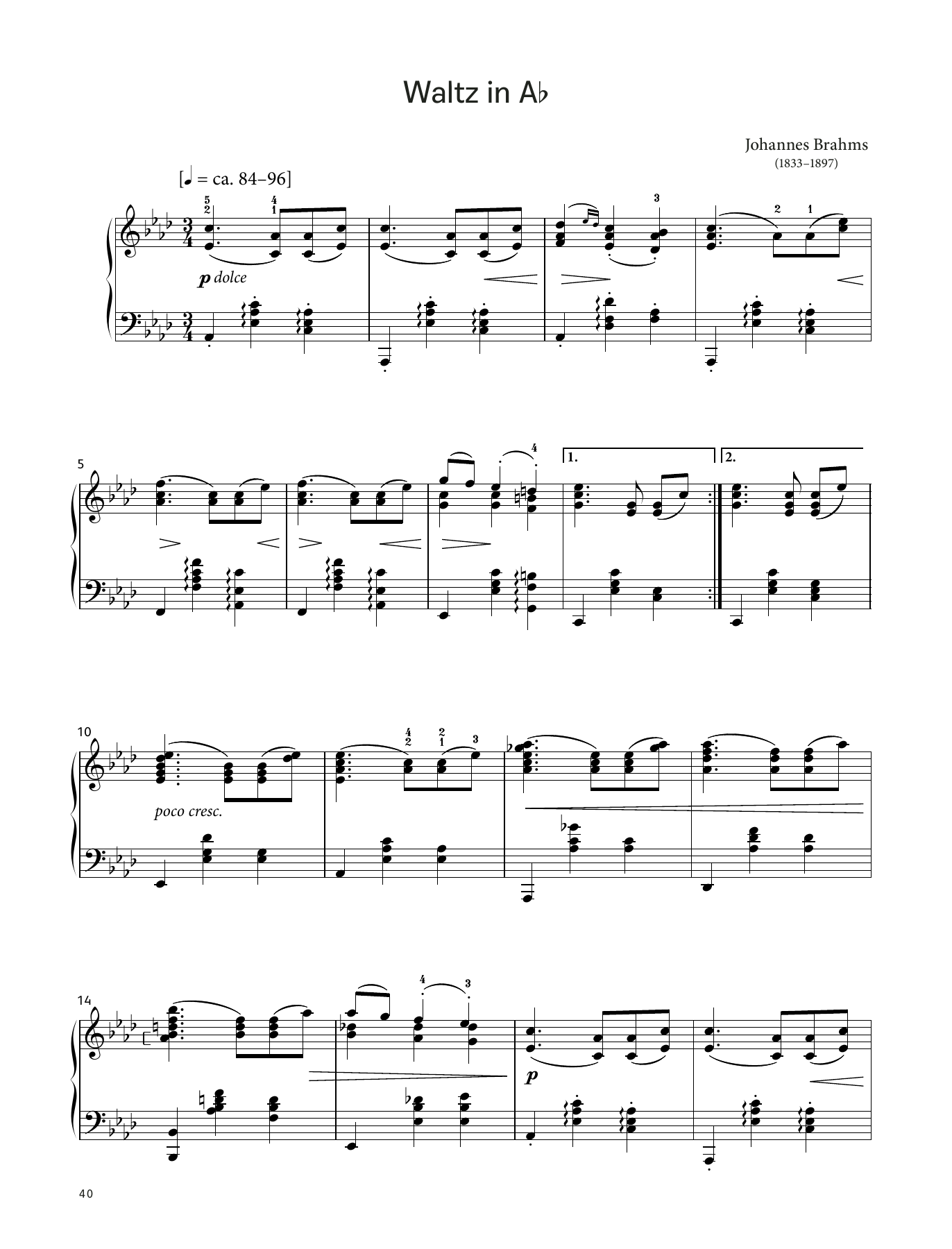 Download Johannes Brahms Waltz in A‑flat, Op. 39 No. 15 (LCME Piano 2018 Grade 6 List B) Sheet Music and learn how to play Piano Solo PDF digital score in minutes