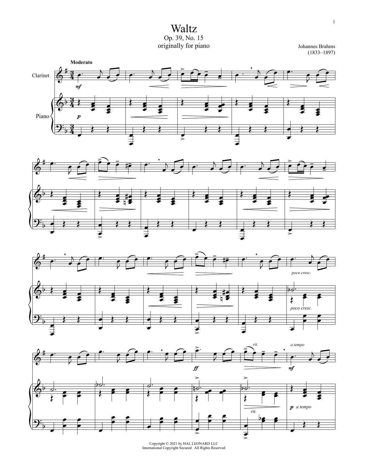 Download Johannes Brahms Waltz In A Major, Op. 39, No. 15 Sheet Music and learn how to play Clarinet and Piano PDF digital score in minutes