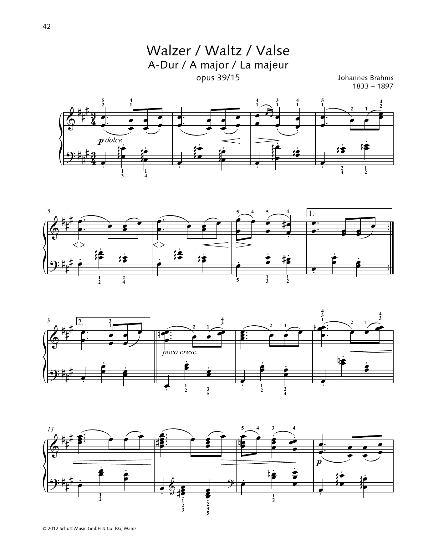 Download Johannes Brahms Waltz In A, Op. 39, No. 15 Sheet Music and learn how to play Piano Solo PDF digital score in minutes