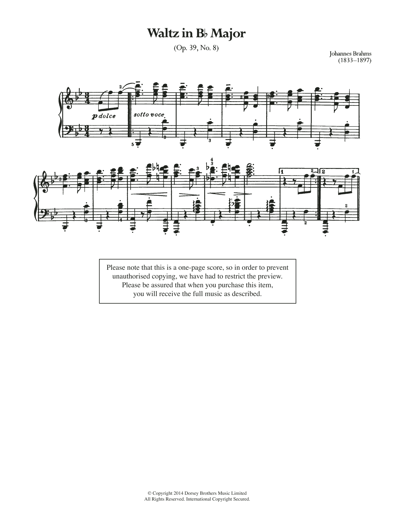 Download Johannes Brahms Waltz In B Flat, Op.39 No.8 Sheet Music and learn how to play Piano PDF digital score in minutes