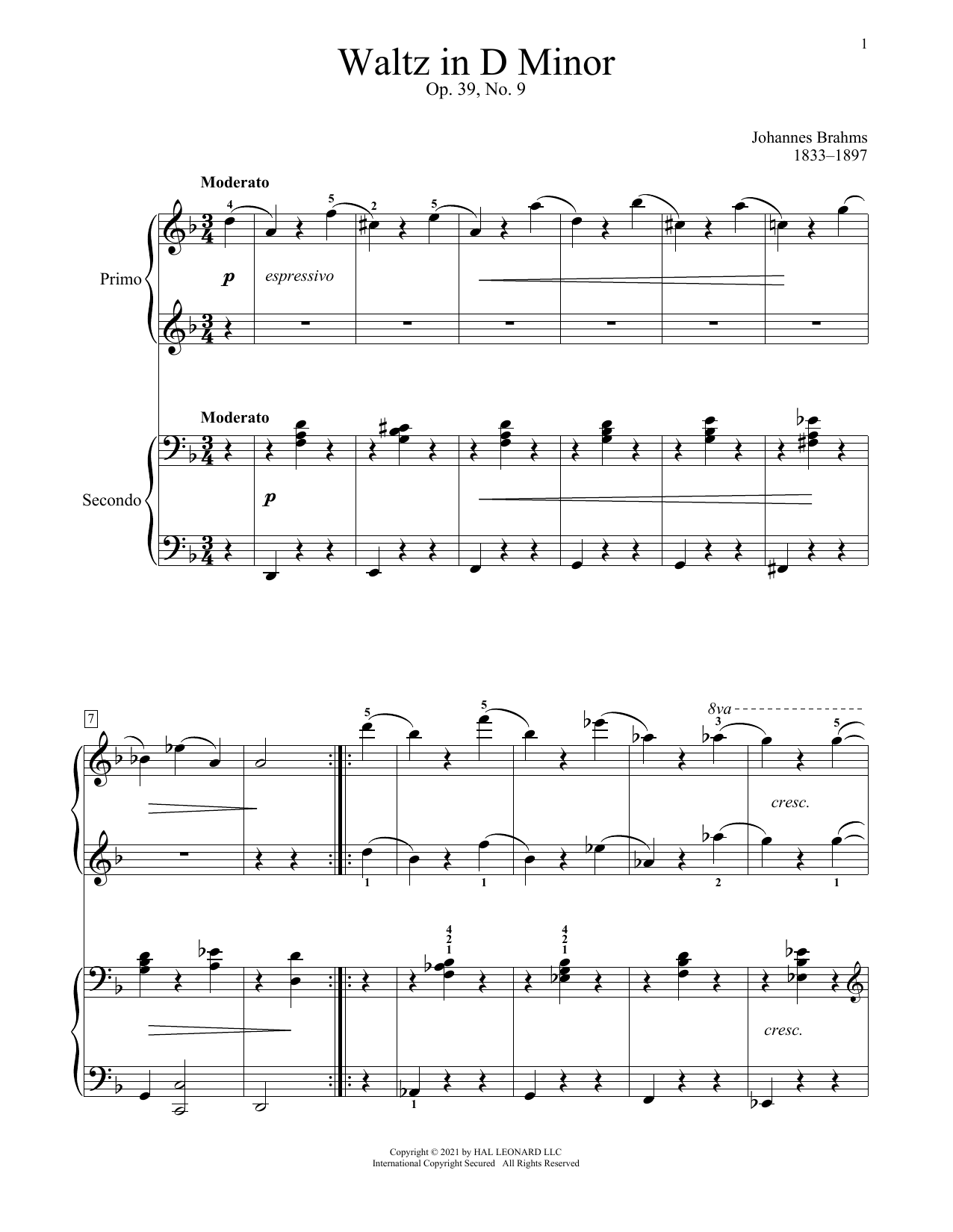 Download Johannes Brahms Waltz In D Minor, Op. 39, No. 9 Sheet Music and learn how to play Piano Duet PDF digital score in minutes