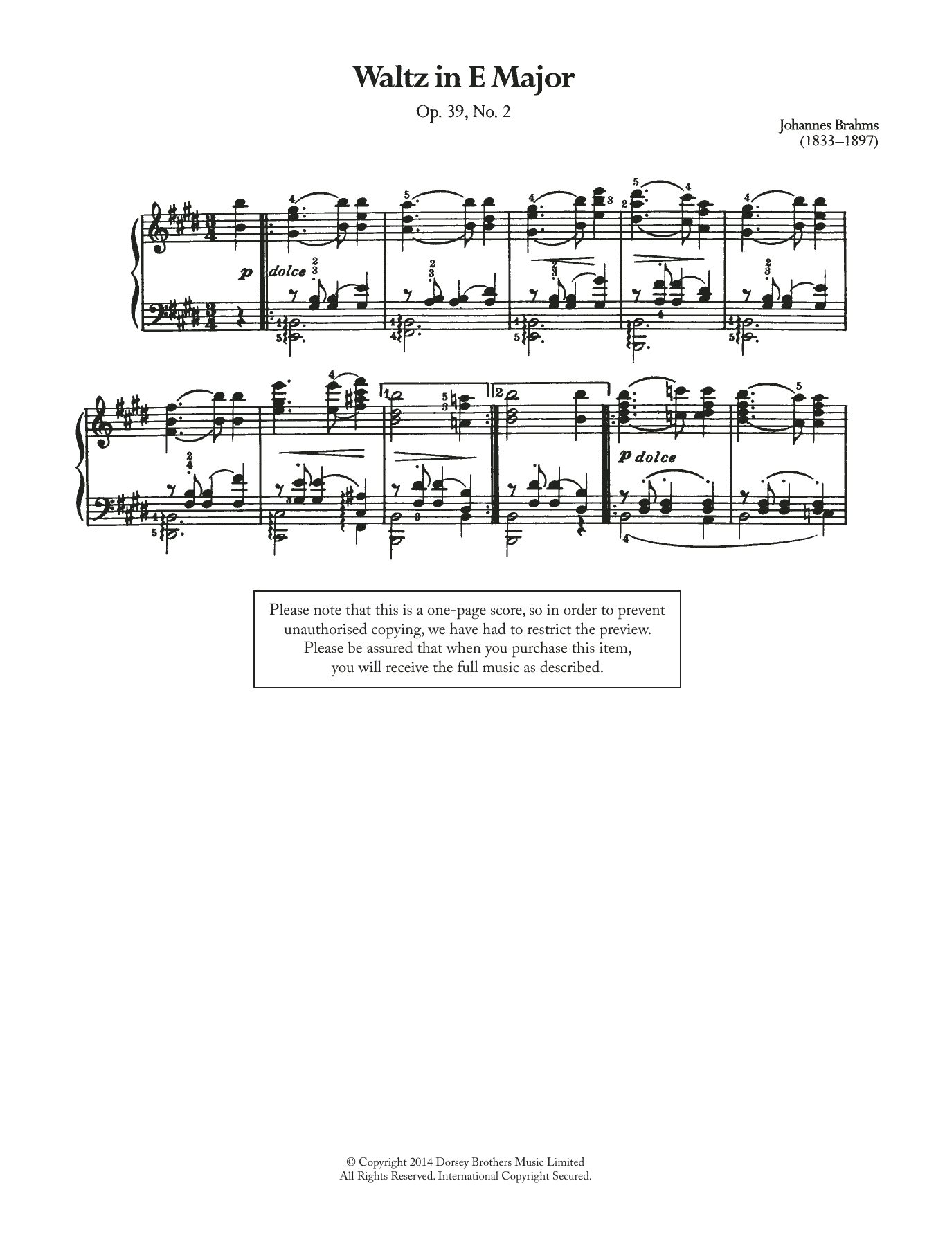Download Johannes Brahms Waltz In E Major, Op.39 No.2 Sheet Music and learn how to play Piano PDF digital score in minutes