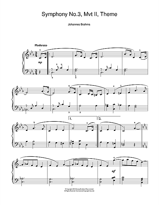 Download Johannes Brahms Symphony No.3, Andante Sheet Music and learn how to play Beginner Piano PDF digital score in minutes