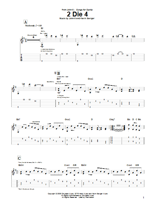 Download John 5 2 Die 4 Sheet Music and learn how to play Guitar Tab PDF digital score in minutes