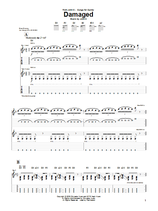 Download John 5 Damaged Sheet Music and learn how to play Guitar Tab PDF digital score in minutes