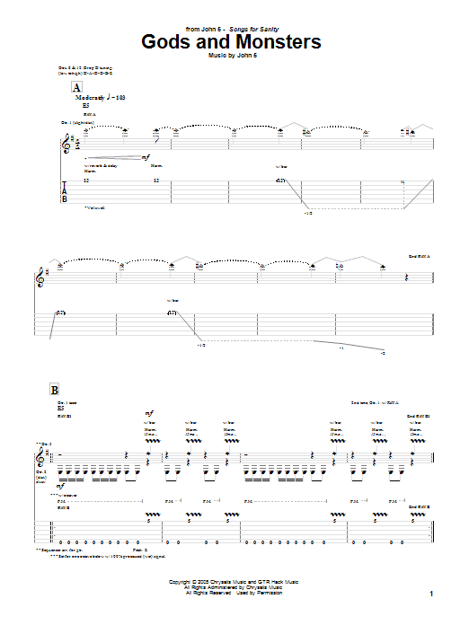 Download John 5 Gods And Monsters Sheet Music and learn how to play Guitar Tab PDF digital score in minutes