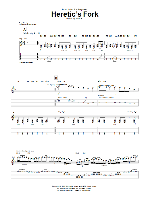 Download John 5 Heretic's Fork Sheet Music and learn how to play Guitar Tab PDF digital score in minutes